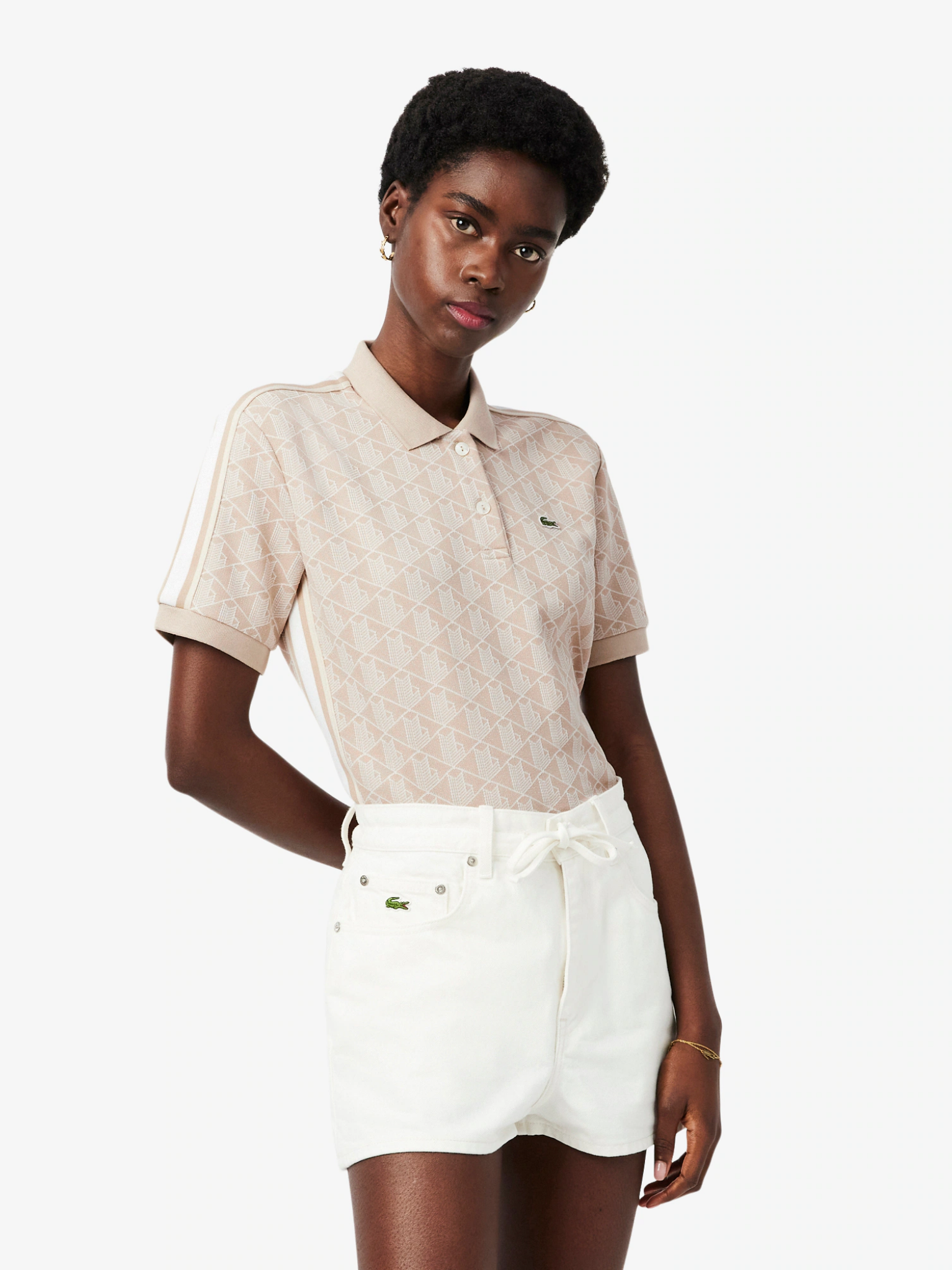 LACOSTE WOMEN Slim Fit Monogram Jacquard Polo Shirt Beige