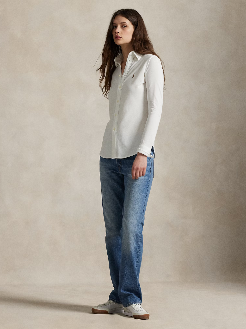 RALPH LAUREN WOMEN Slim Fit Knit Cotton Oxford Shirt White
