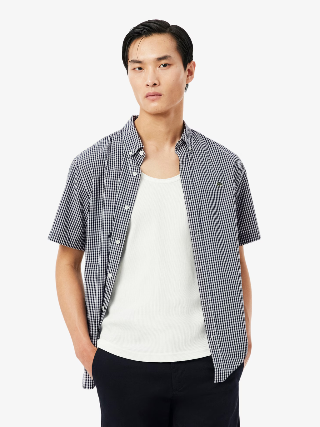 LACOSTE Regular Fit Lightweight Poplin Plaid Shirt White/Navy Blue