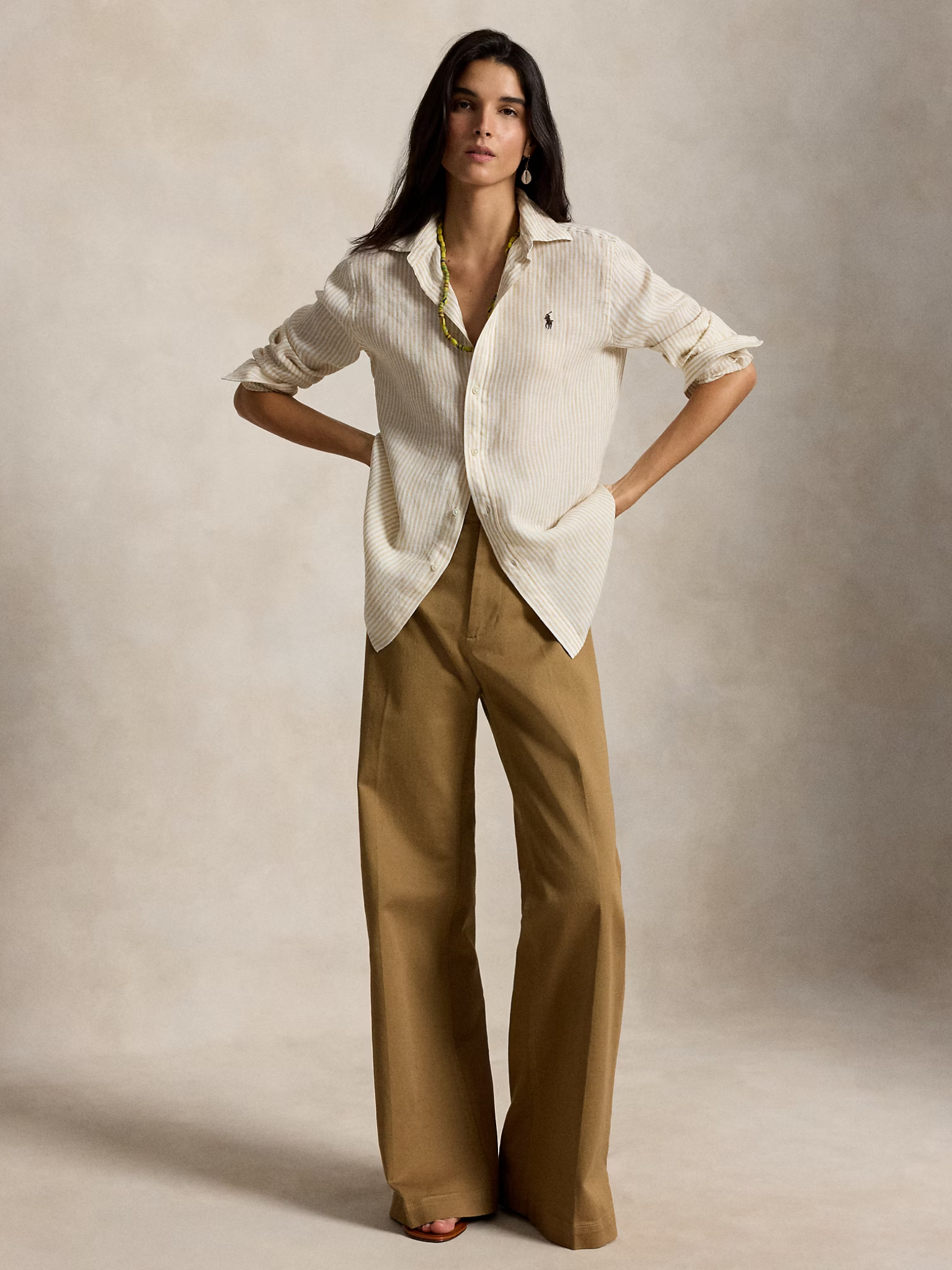 RALPH LAUREN WOMEN Classic Fit Striped Linen Shirt Dune Tan/White