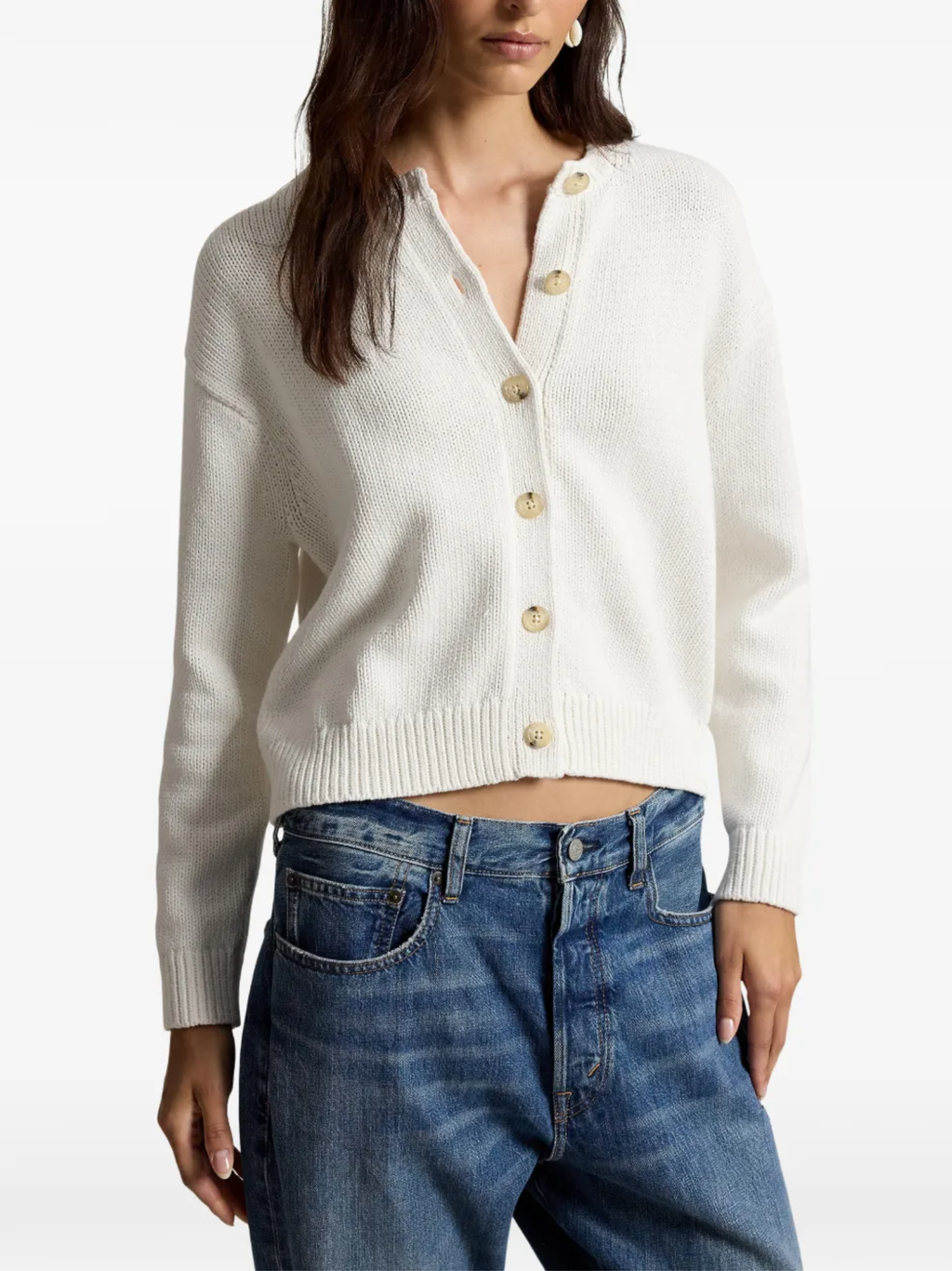 RALPH LAUREN WOMEN Linen-blend Crewneck Cardigan White