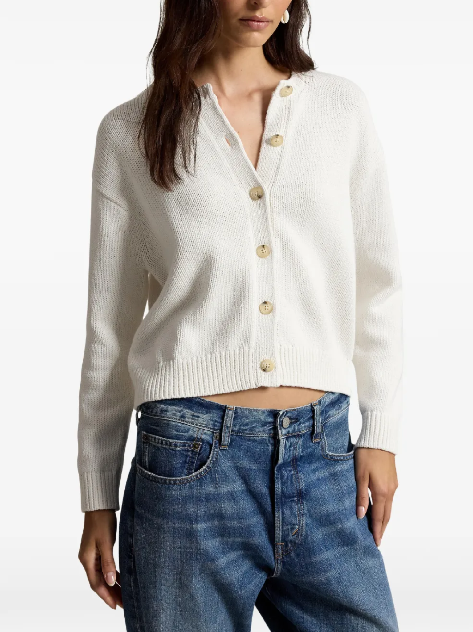 RALPH LAUREN WOMEN Linen-blend Crewneck Cardigan White