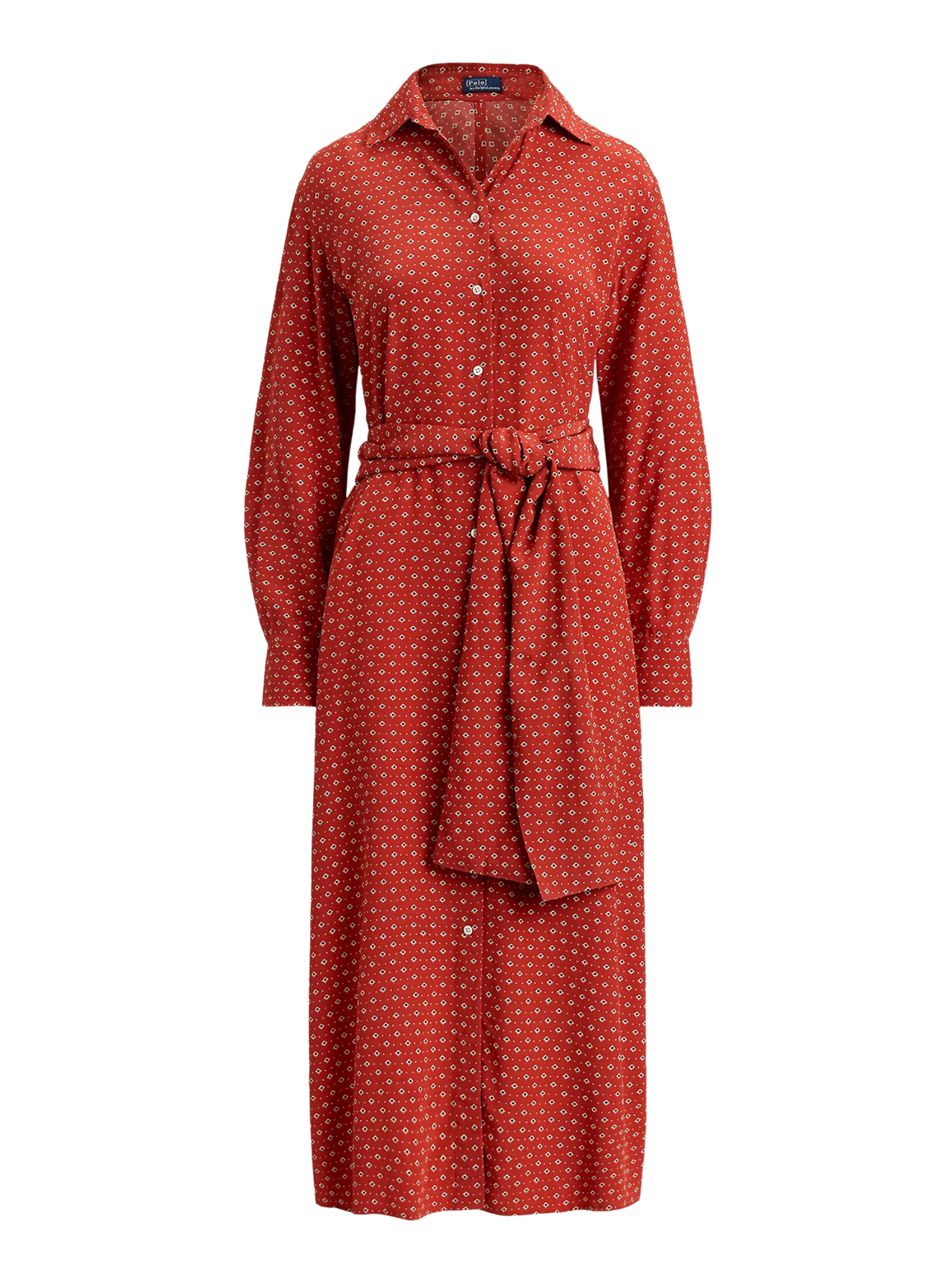 RALPH LAUREN WOMEN Printed Crepe Tie-Waist Shirt Dress Red/Cream Multi