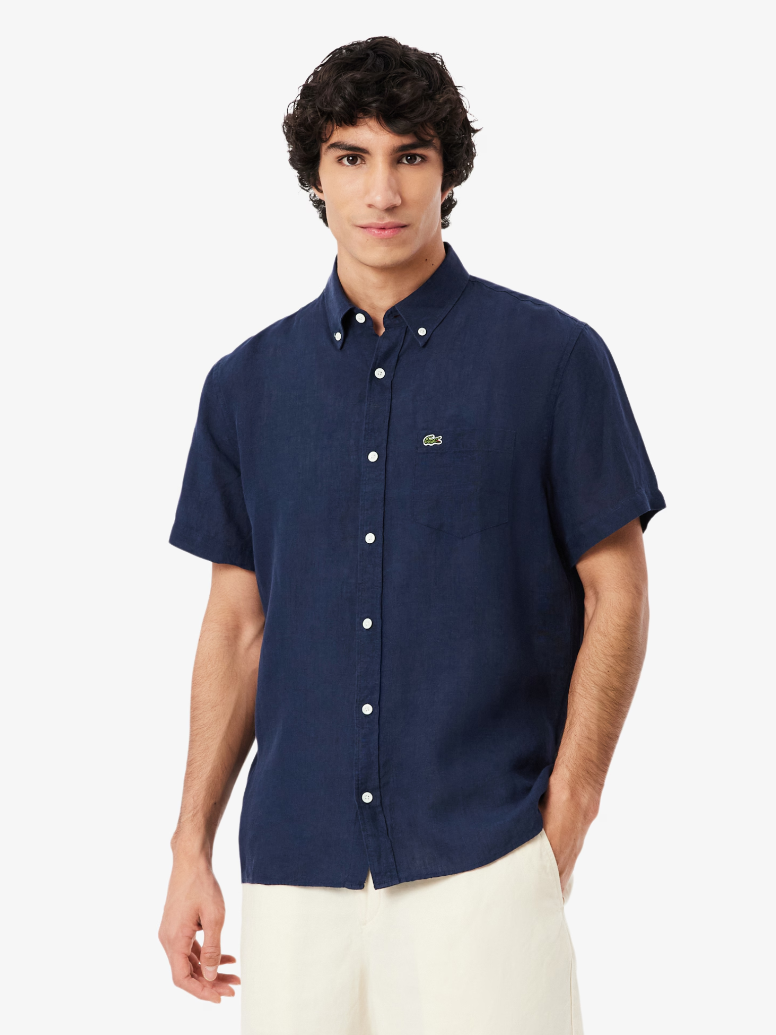 LACOSTE Short Sleeved Linen Shirt Midnight Blue