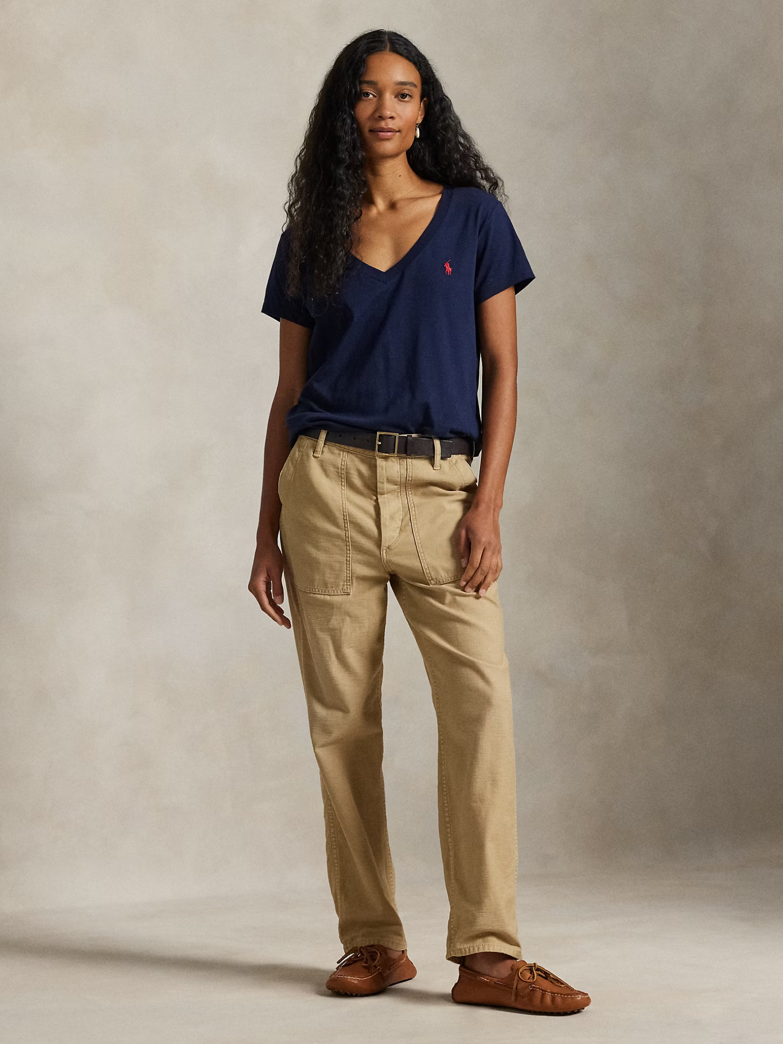 RALPH LAUREN WOMEN Cotton Jersey V-Neck T-Shirt Cruise Navy