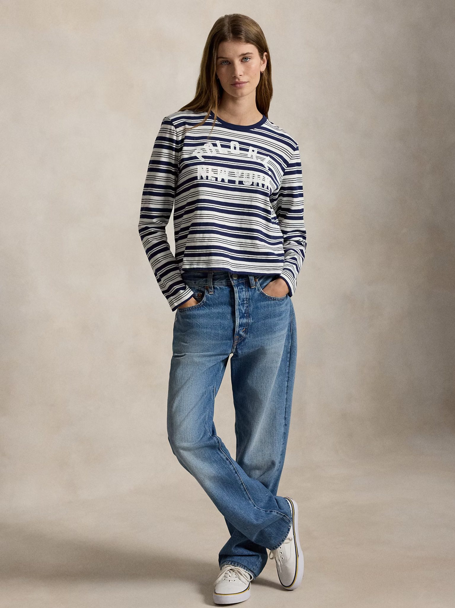 RALPH LAUREN WOMEN Logo Striped Jersey Long-Sleeve Tee Newport Navy/Nevis