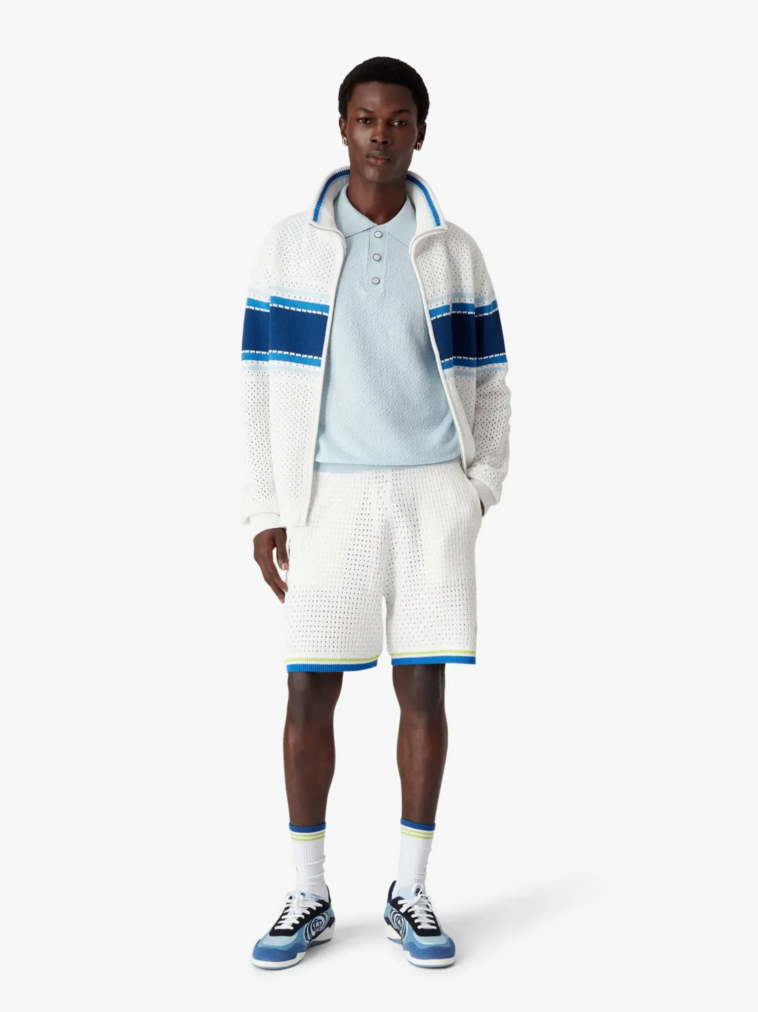 CASABLANCA Pointelle Monogram Short Sleeve Polo Shirt Blue