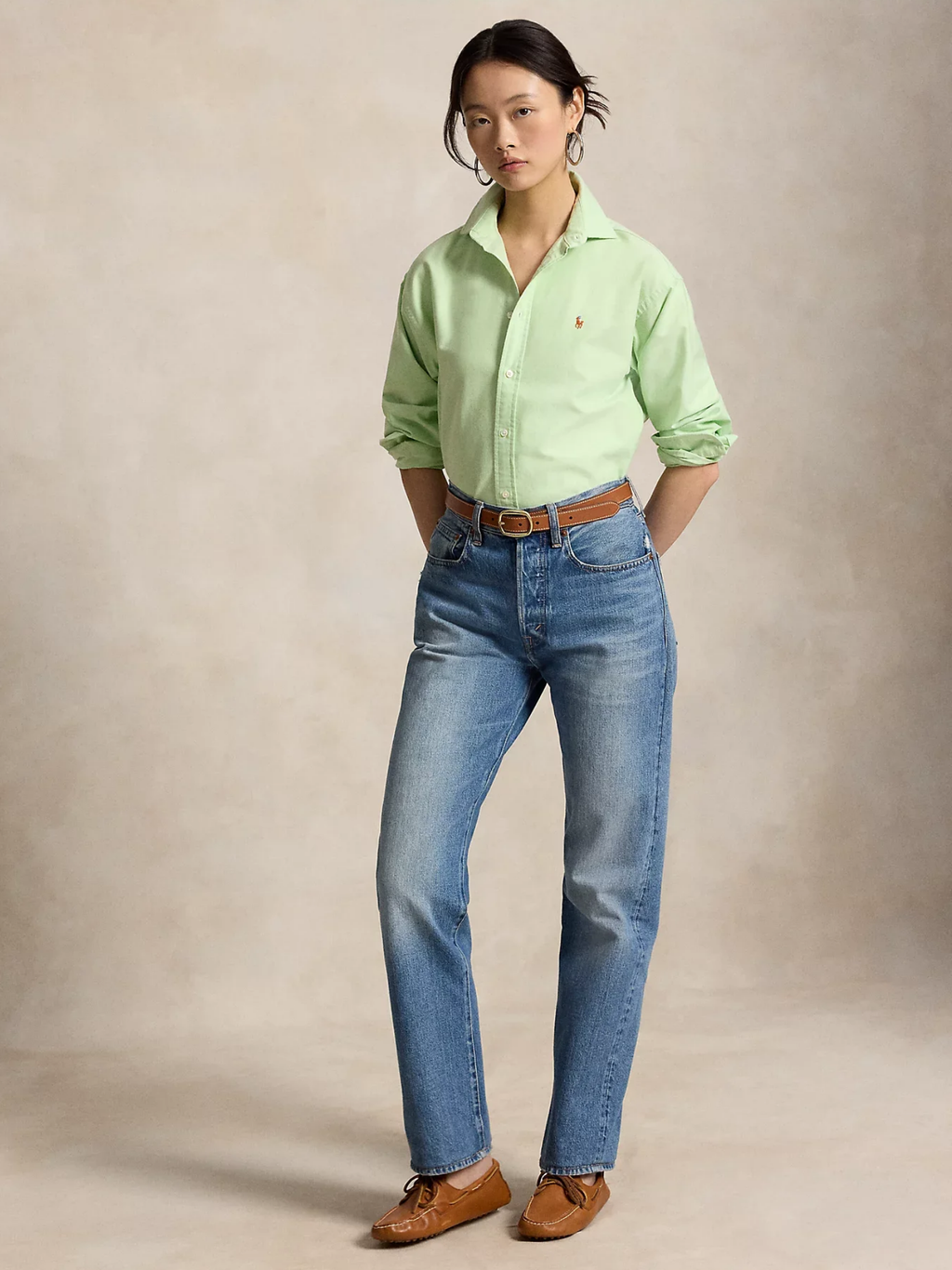 RALPH LAUREN WOMEN Relaxed Fit Cotton Oxford Shirt Lime Drop