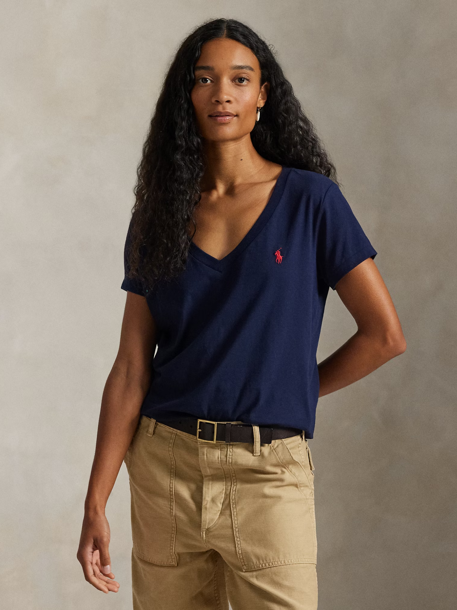 RALPH LAUREN WOMEN Cotton Jersey V-Neck T-Shirt Cruise Navy