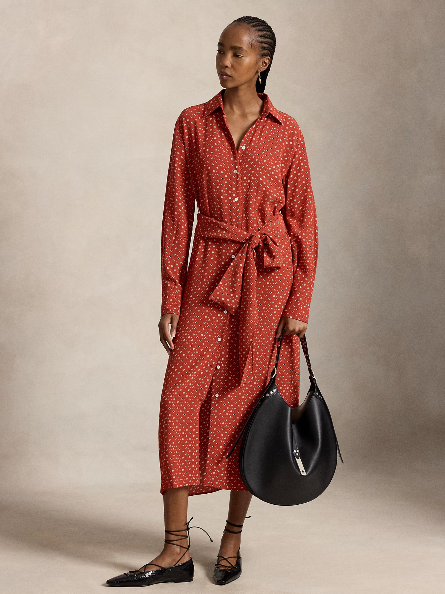 RALPH LAUREN WOMEN Printed Crepe Tie-Waist Shirt Dress Red/Cream Multi