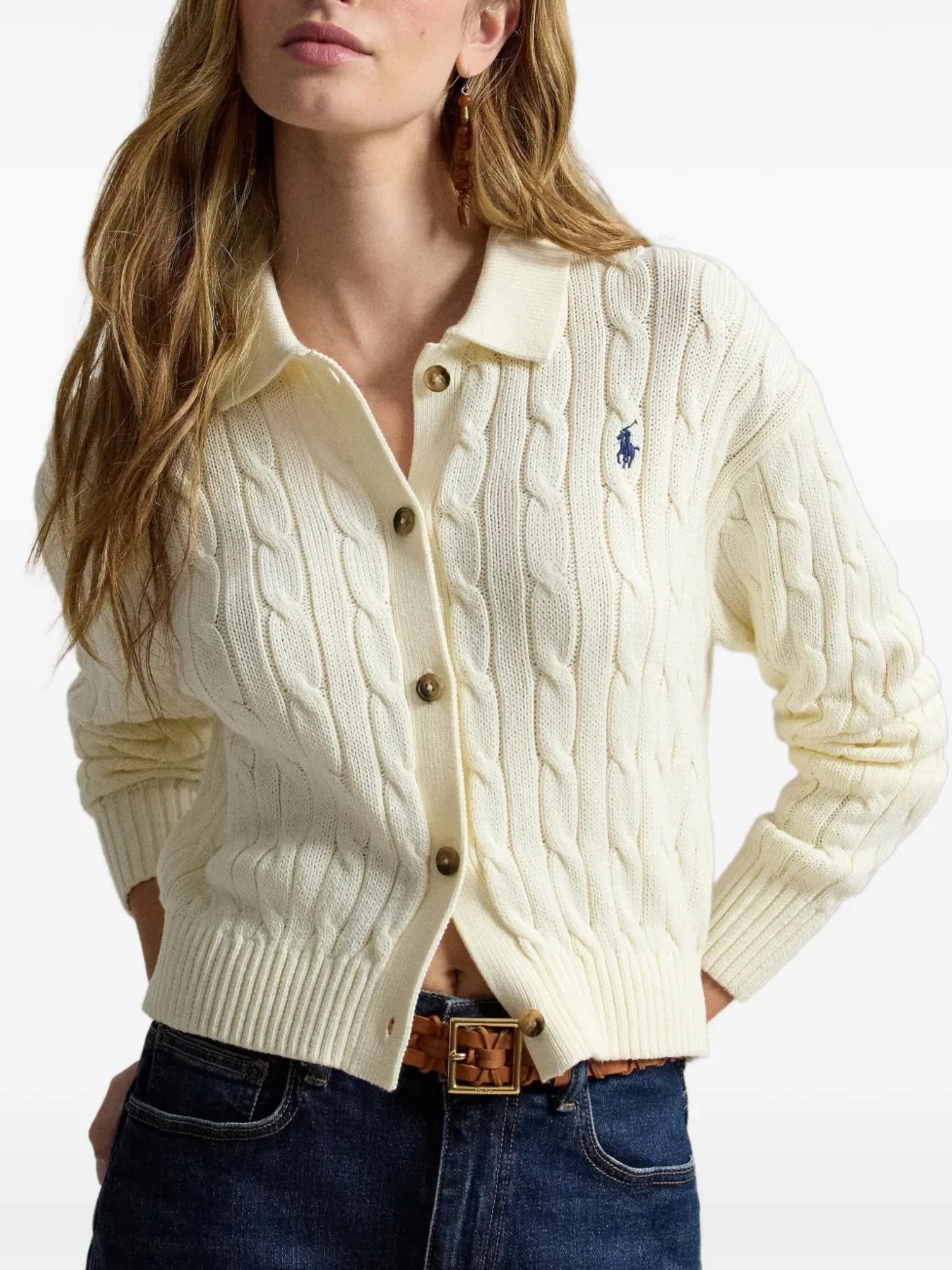 RALPH LAUREN WOMEN Cable Cotton Polo-collar Cardigan	Clubhouse Cream