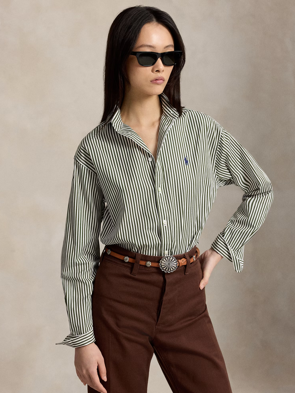 RALPH LAUREN WOMEN Relaxed Fit Striped Cotton Shirt Green/White