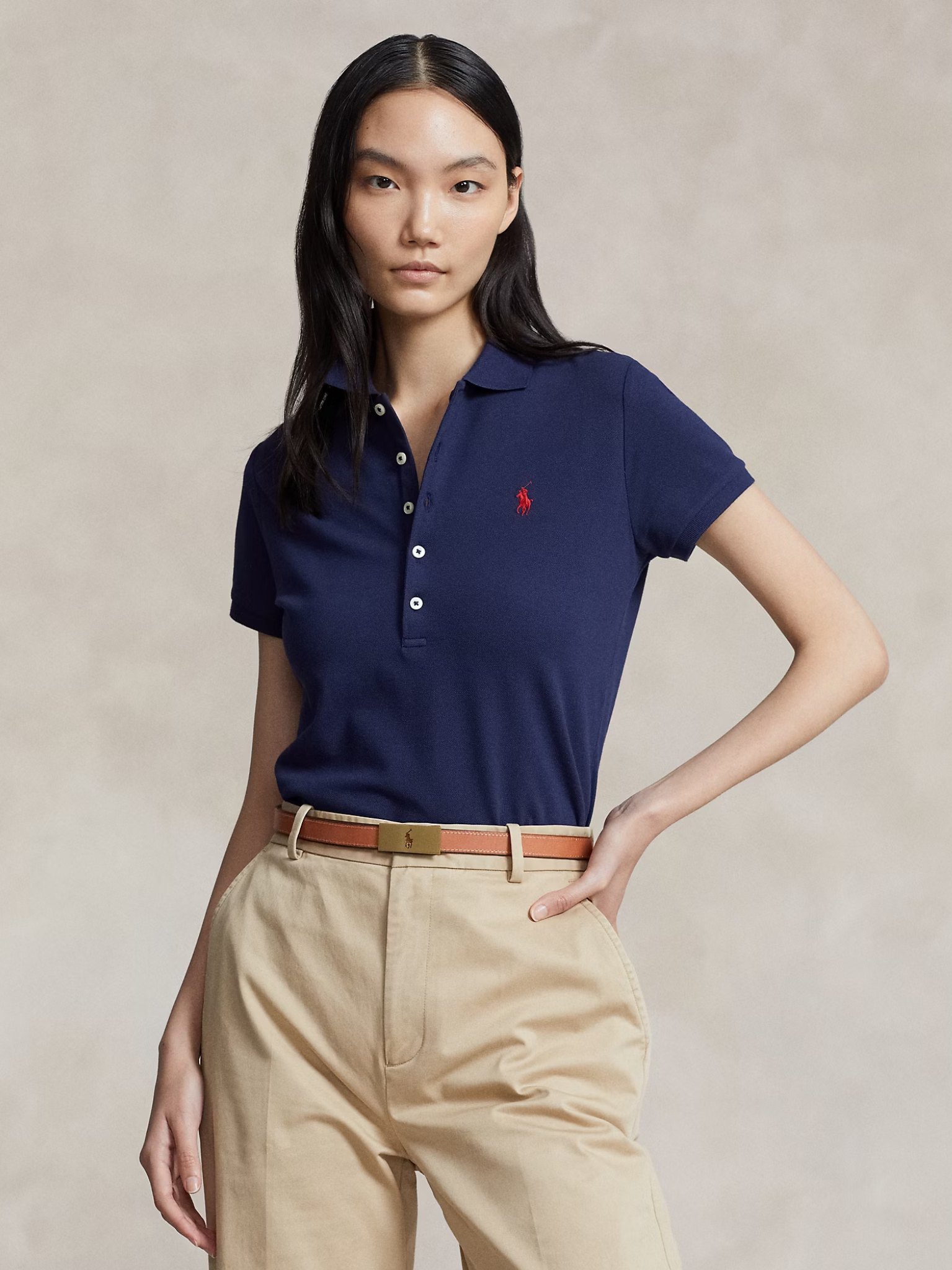 RALPH LAUREN WOMEN Slim Fit Stretch Polo Shirt Newport Navy
