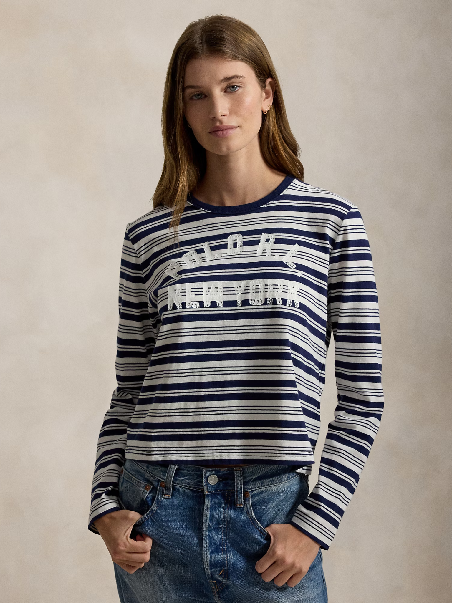 RALPH LAUREN WOMEN Logo Striped Jersey Long-Sleeve Tee Newport Navy/Nevis