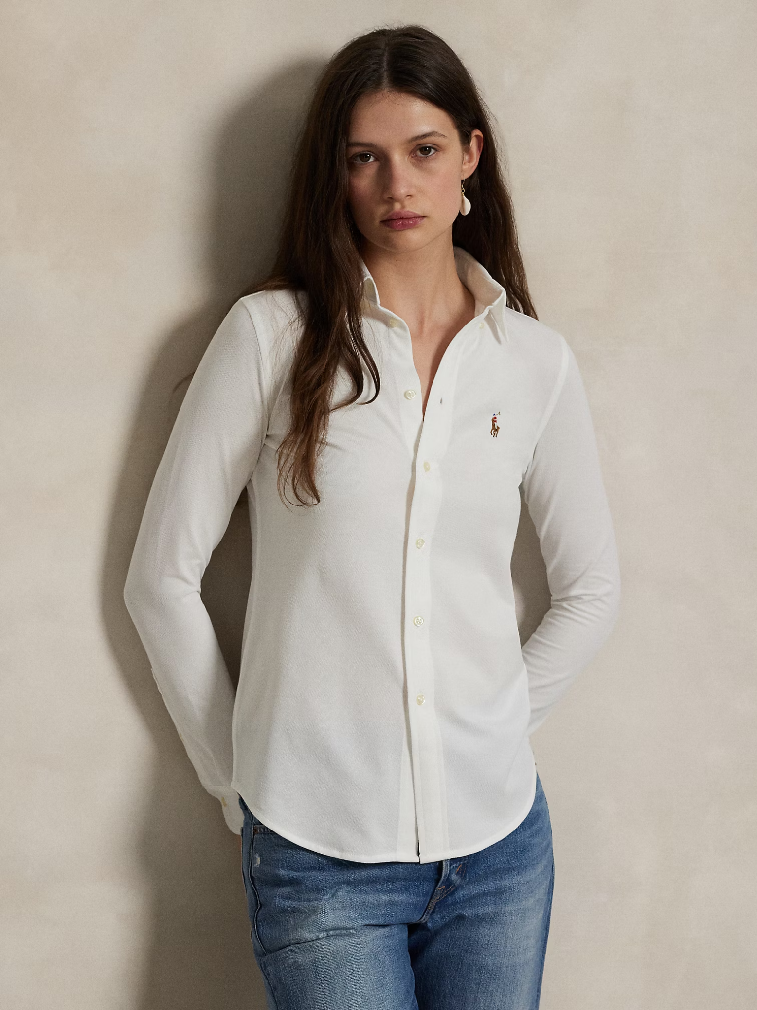 RALPH LAUREN WOMEN Slim Fit Knit Cotton Oxford Shirt White