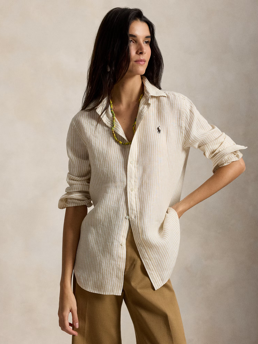 RALPH LAUREN WOMEN Classic Fit Striped Linen Shirt Dune Tan/White