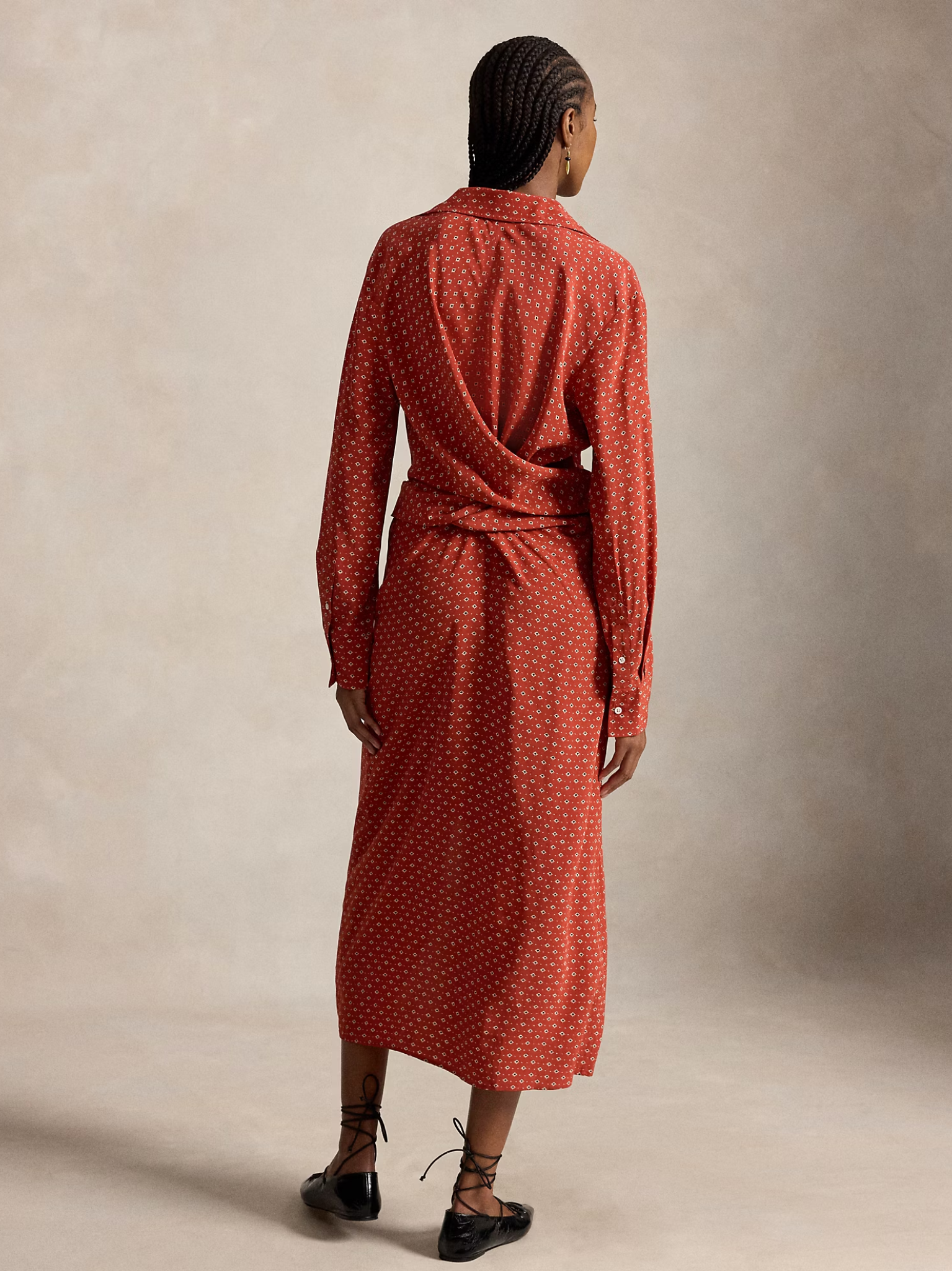 RALPH LAUREN WOMEN Printed Crepe Tie-Waist Shirt Dress Red/Cream Multi