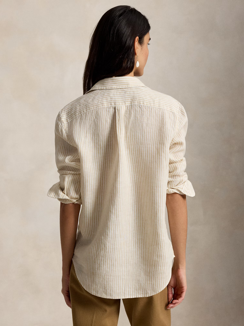 RALPH LAUREN WOMEN Classic Fit Striped Linen Shirt Dune Tan/White