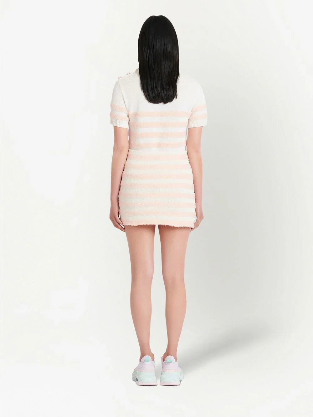 BALMAIN WOMEN Striped Knitted Button-up Skirt Pink White