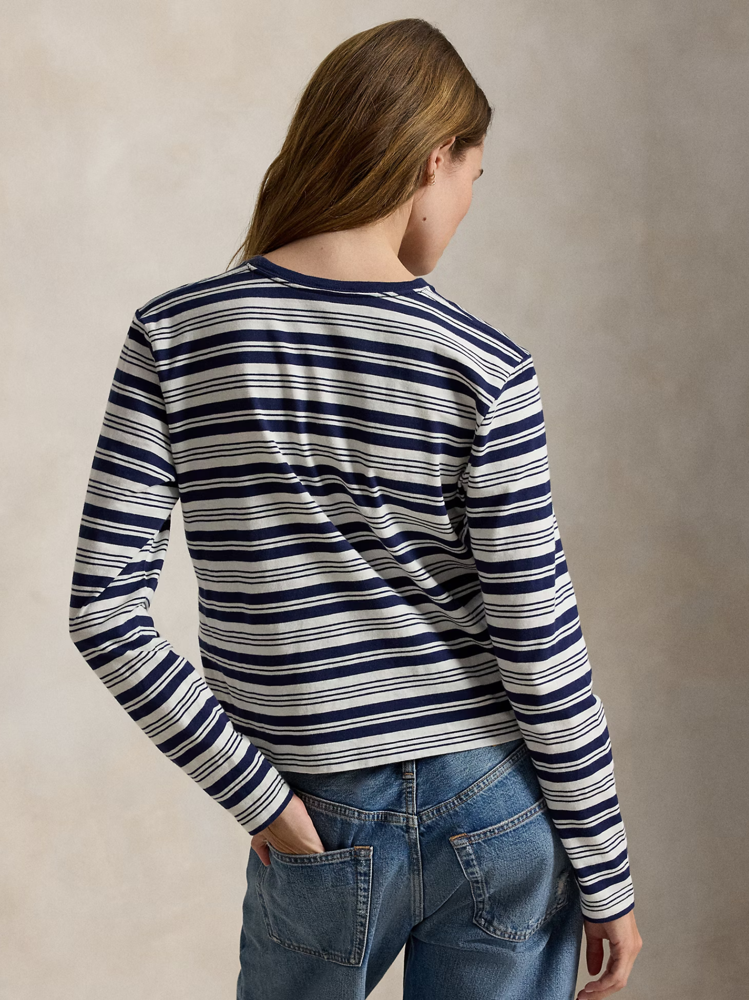 RALPH LAUREN WOMEN Logo Striped Jersey Long-Sleeve Tee Newport Navy/Nevis