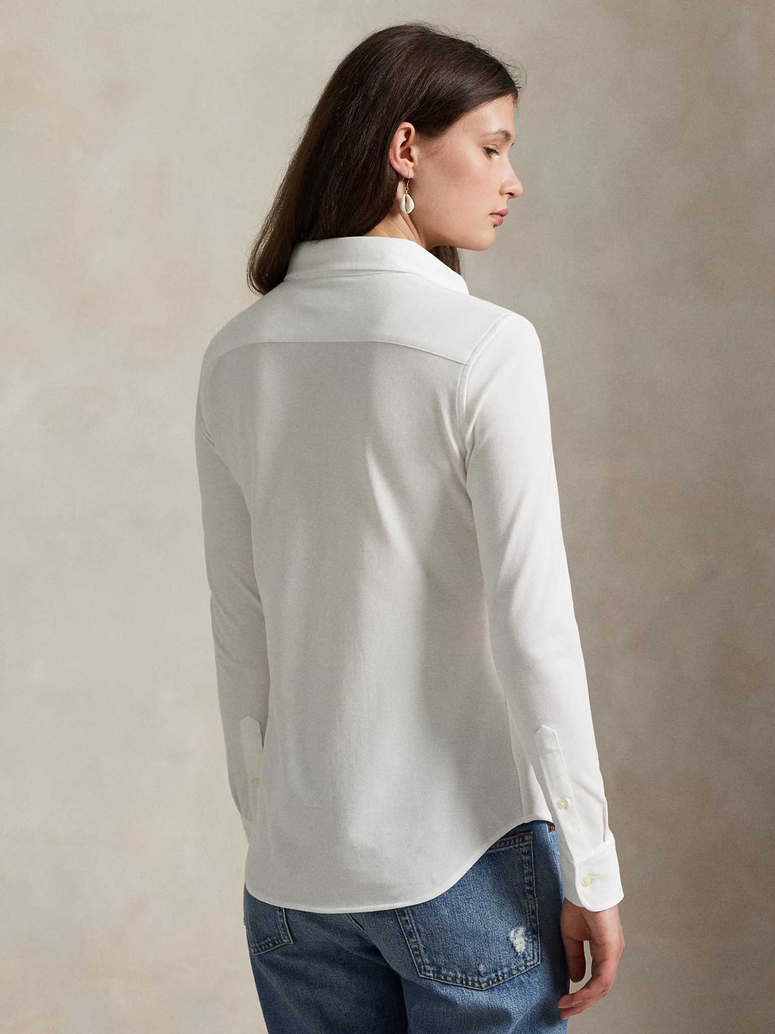 RALPH LAUREN WOMEN Slim Fit Knit Cotton Oxford Shirt White