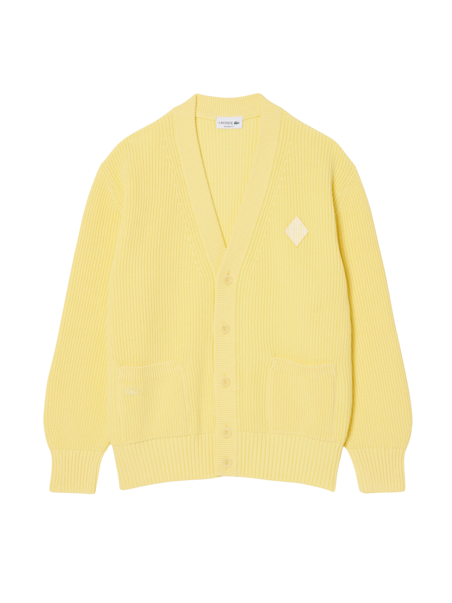 LACOSTE Relaxed Fit Ribbed Cotton Cardigan Pastel Yellow