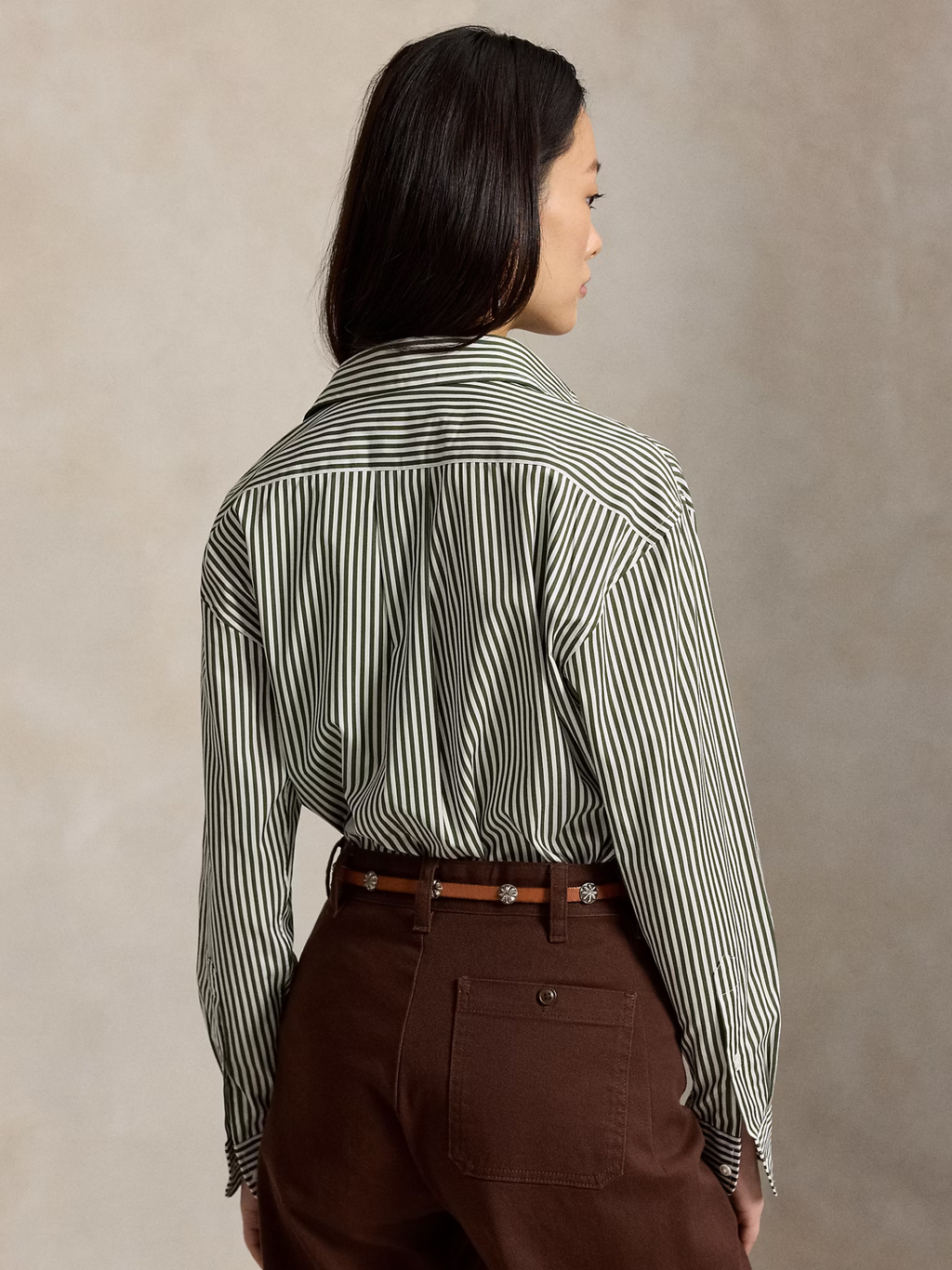 RALPH LAUREN WOMEN Relaxed Fit Striped Cotton Shirt Green/White