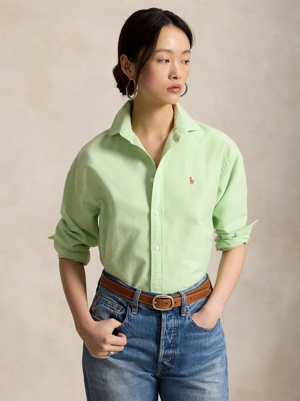 RALPH LAUREN WOMEN Relaxed Fit Cotton Oxford Shirt Lime Drop