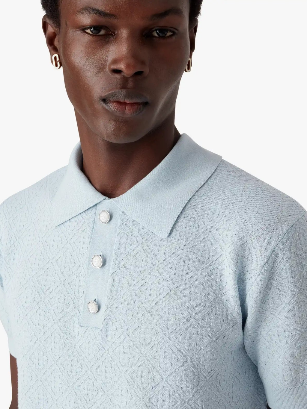 CASABLANCA Pointelle Monogram Short Sleeve Polo Shirt Blue