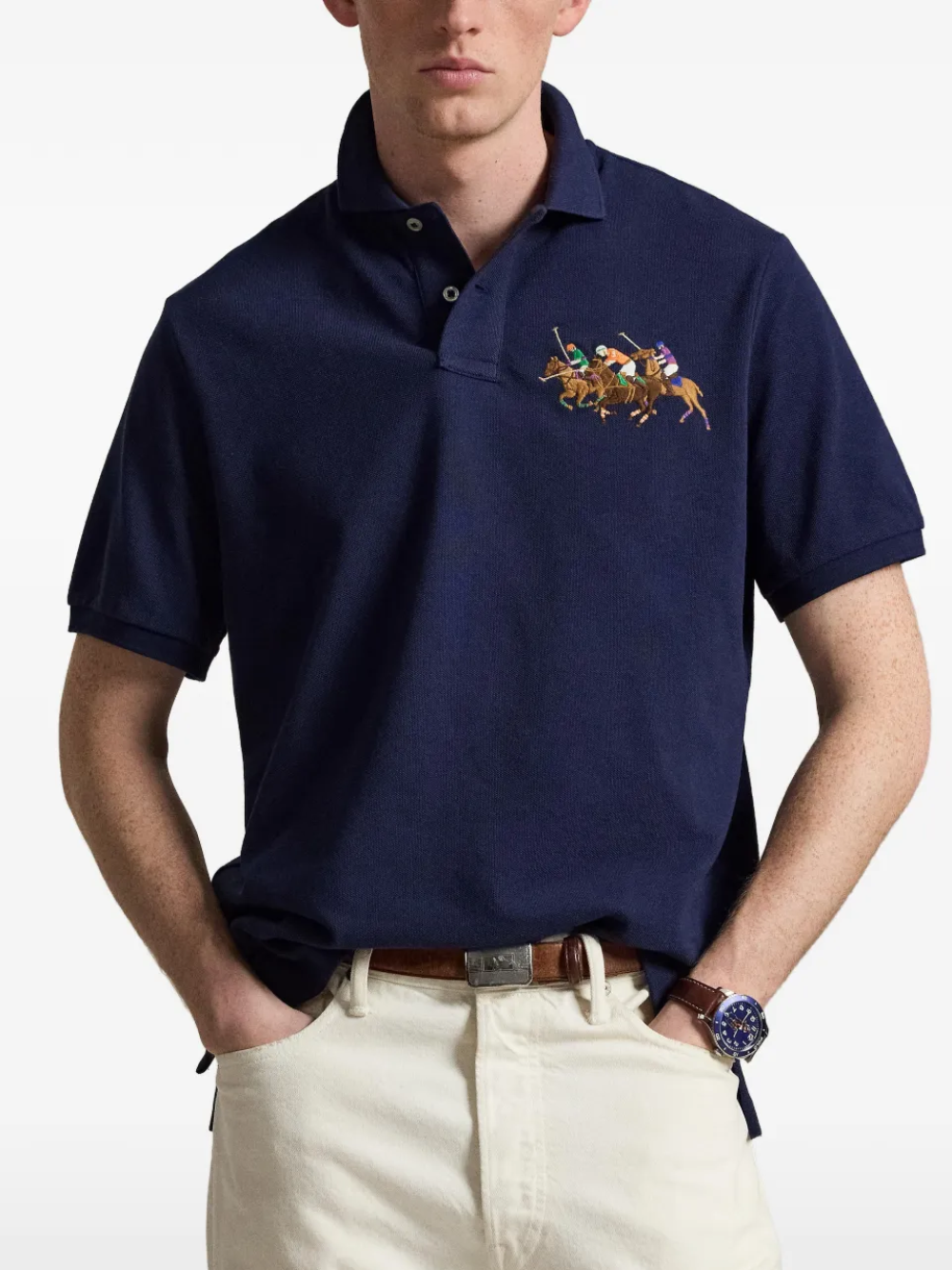 RALPH LAUREN Classic Fit Triple-Pony Mesh Polo Shirt Newport Navy