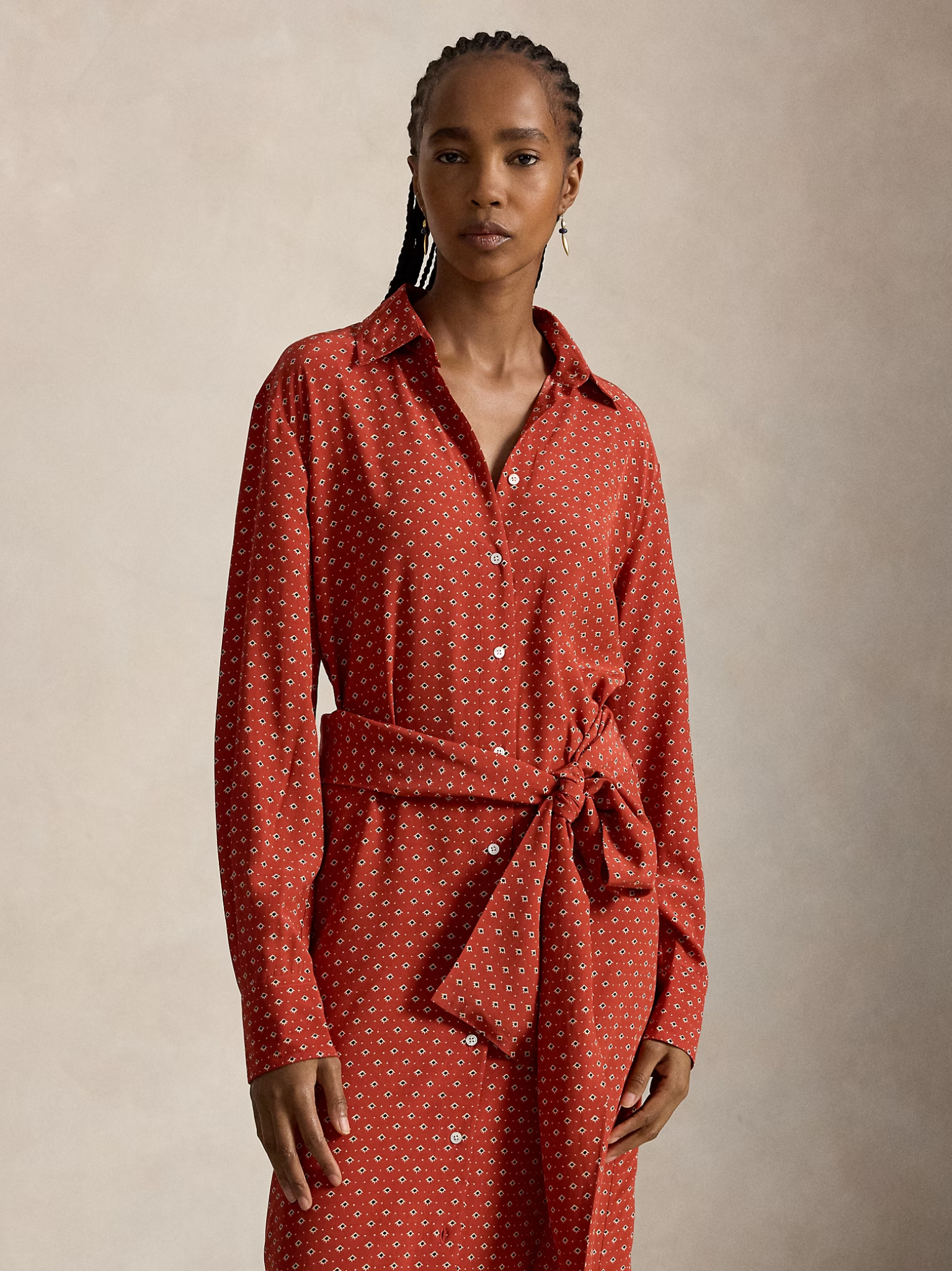 RALPH LAUREN WOMEN Printed Crepe Tie-Waist Shirt Dress Red/Cream Multi