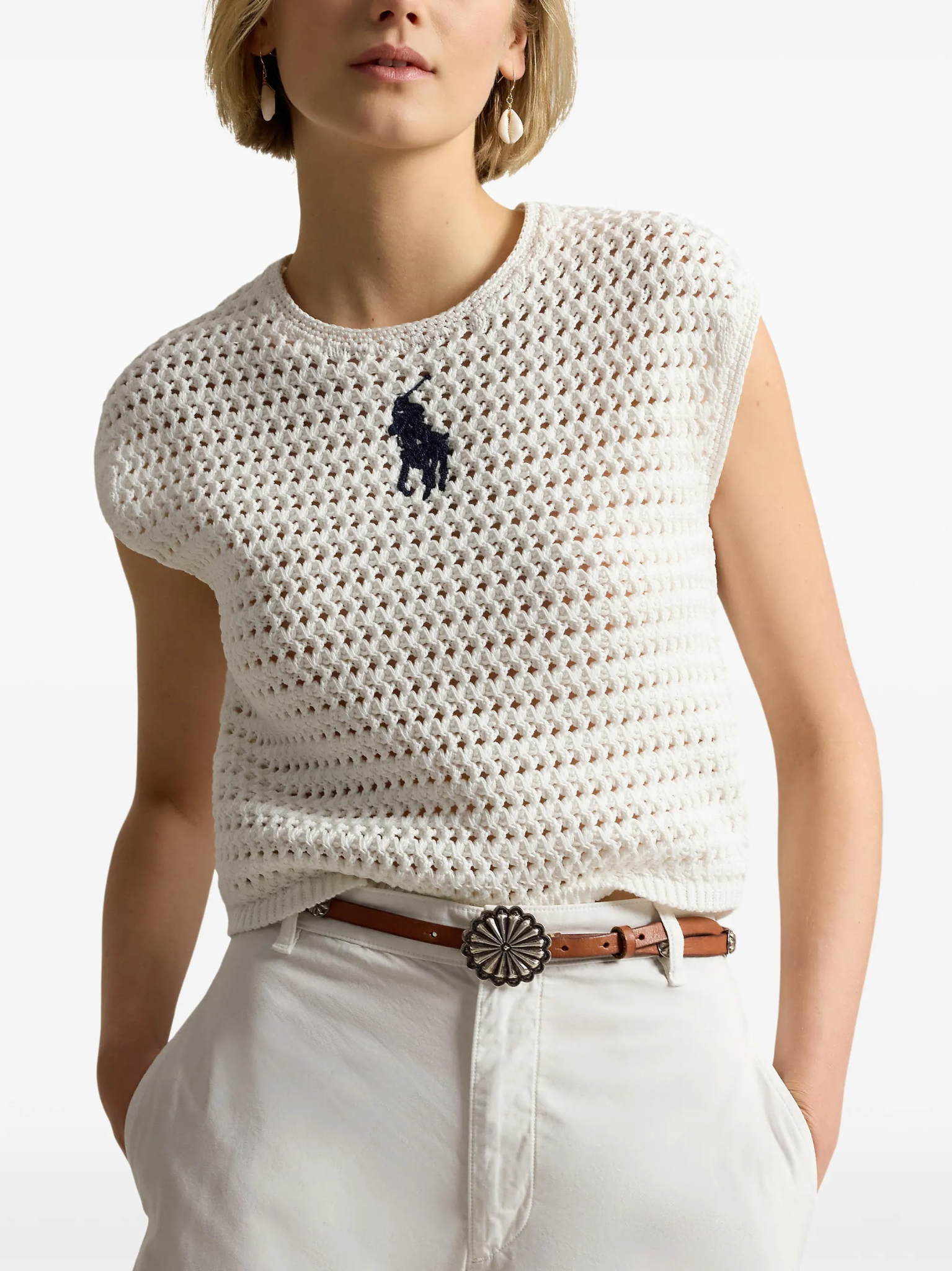 RALPH LAUREN WOMEN Big Pony Crocheted Cotton Jumper White