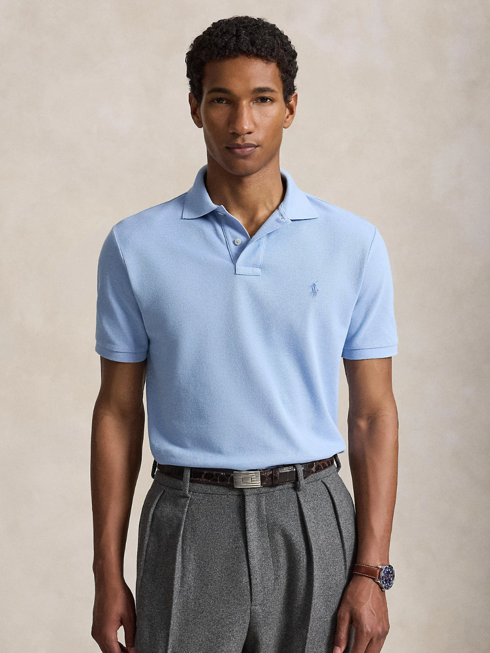 RALPH LAUREN The Iconic Custom Slim Fit Mesh Polo Chambray Blue