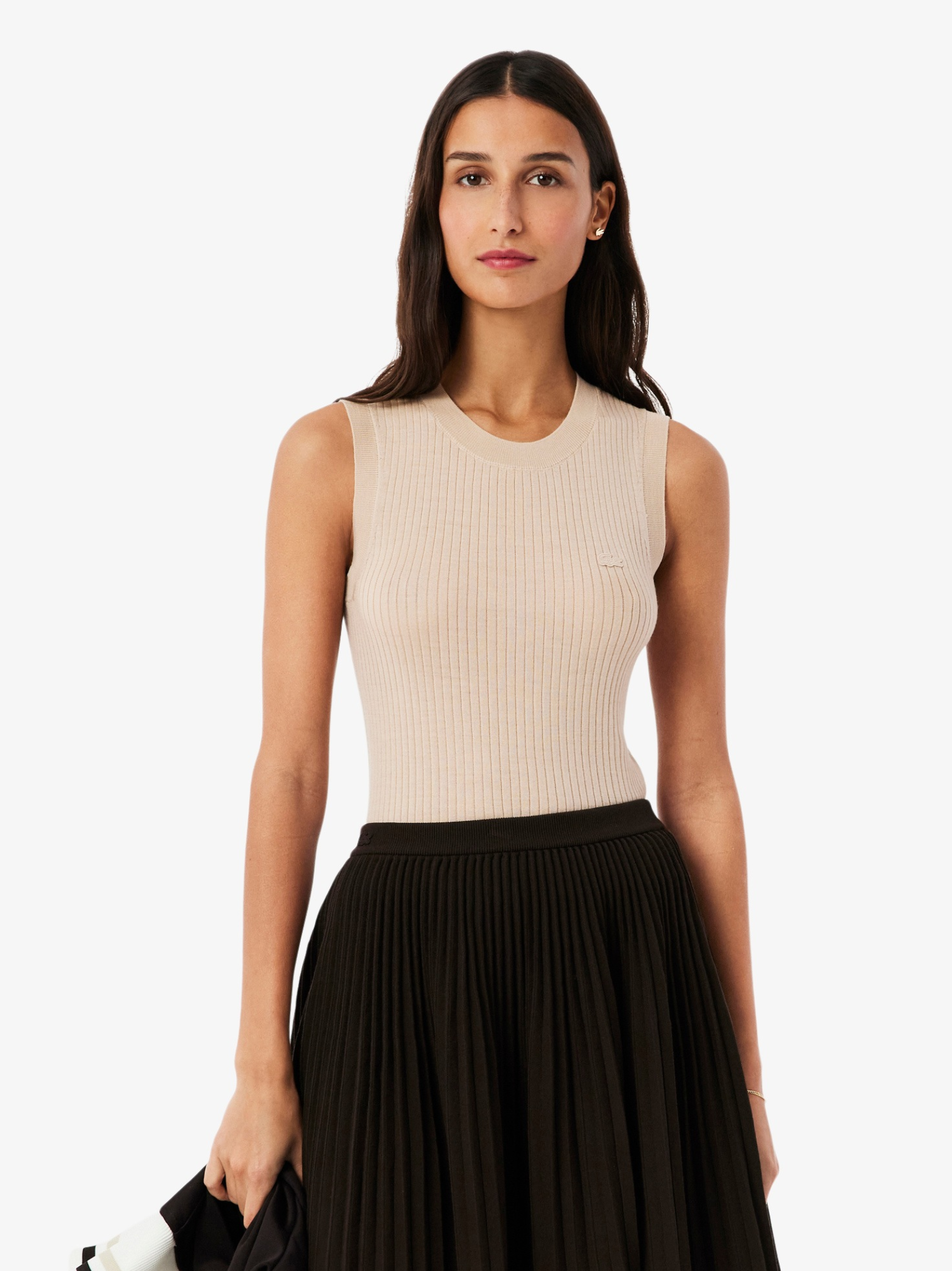LACOSTE WOMEN Merino Wool 3D Knit Sleeveless Sweater Beige