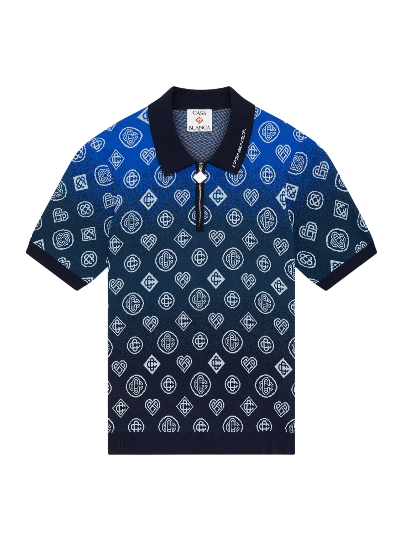 CASABLANCA Gradient Monogram Knitted Short Sleeve Polo Shirt Navy