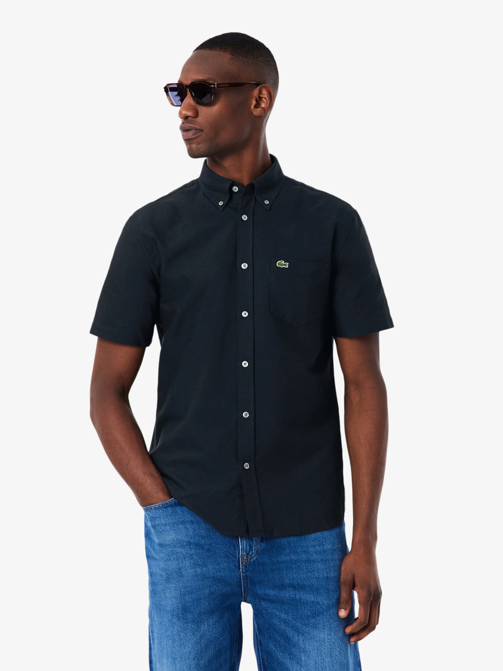 LACOSTE Regular Fit Short Sleeved Oxford Shirt Navy Blue