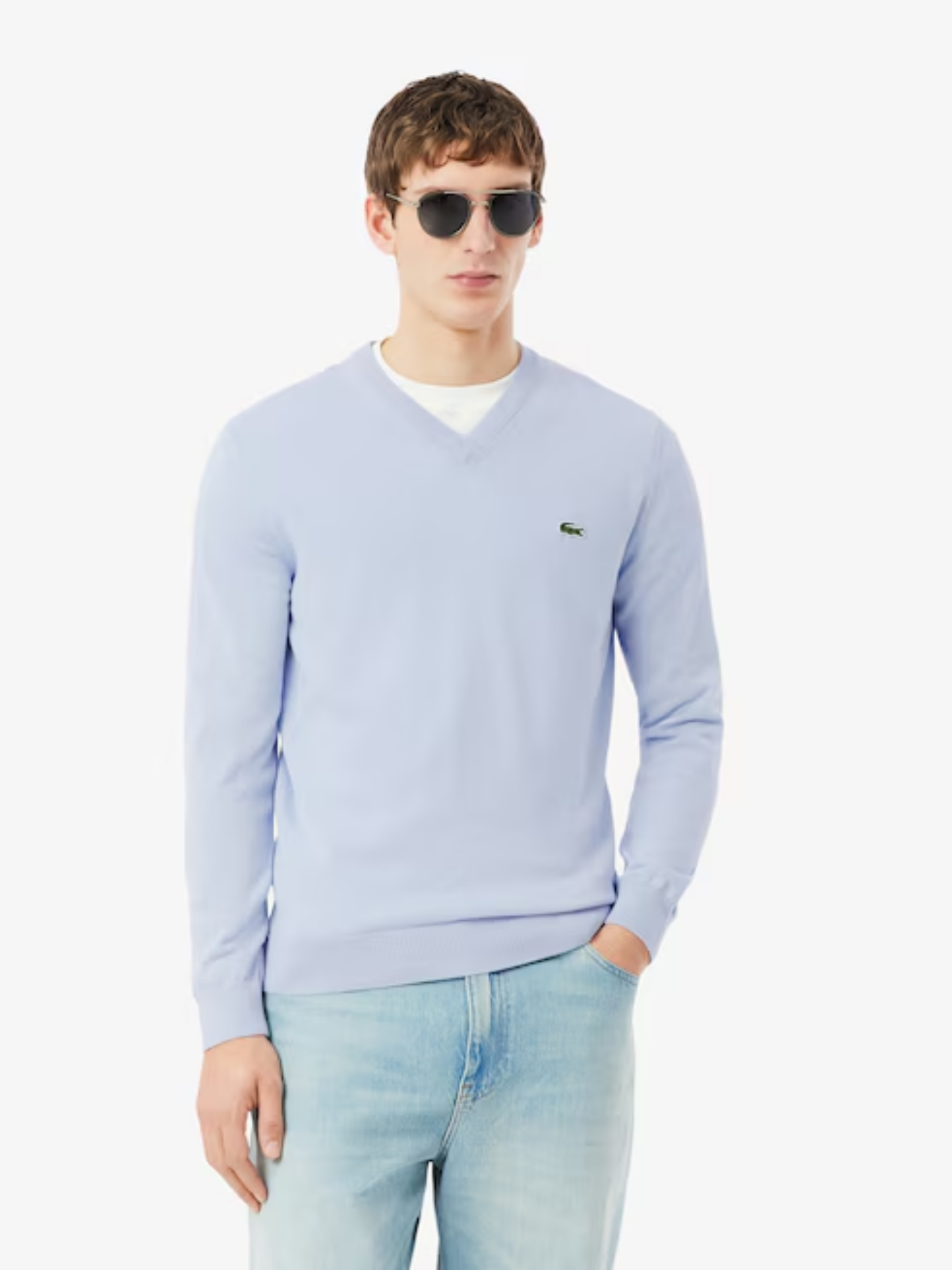 LACOSTE Monochrome Cotton V-neck Sweater Light Blue