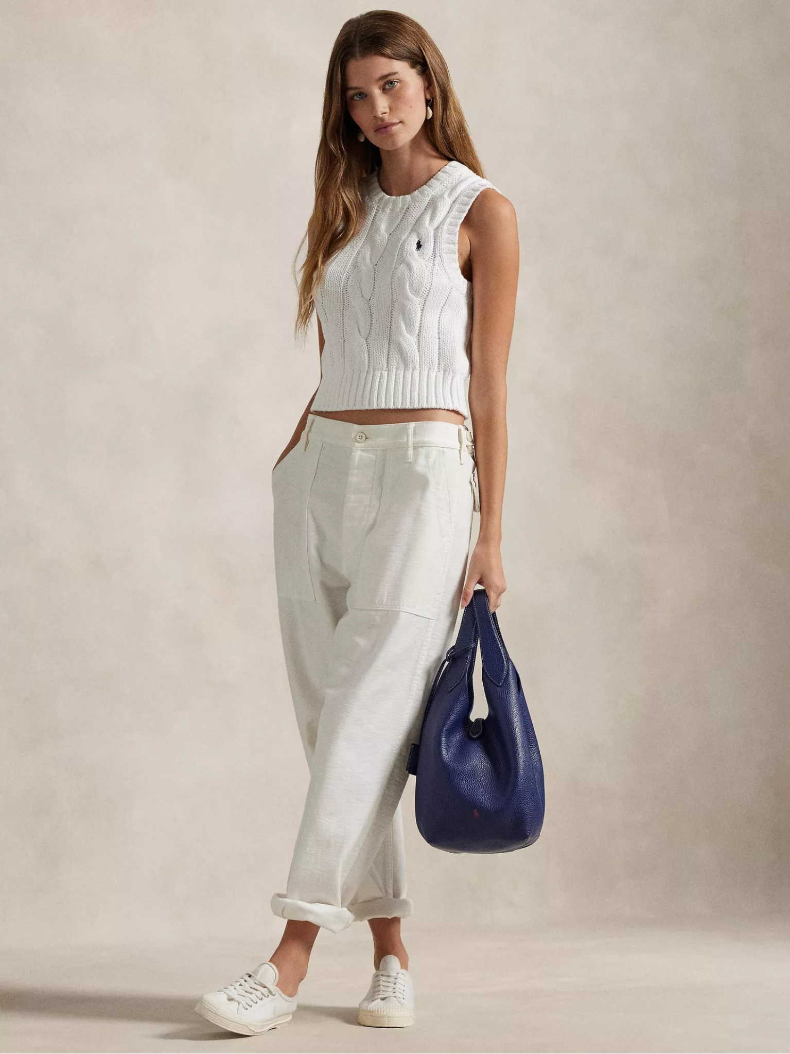 RALPH LAUREN WOMEN Cable-Knit Cotton Cropped Vest White