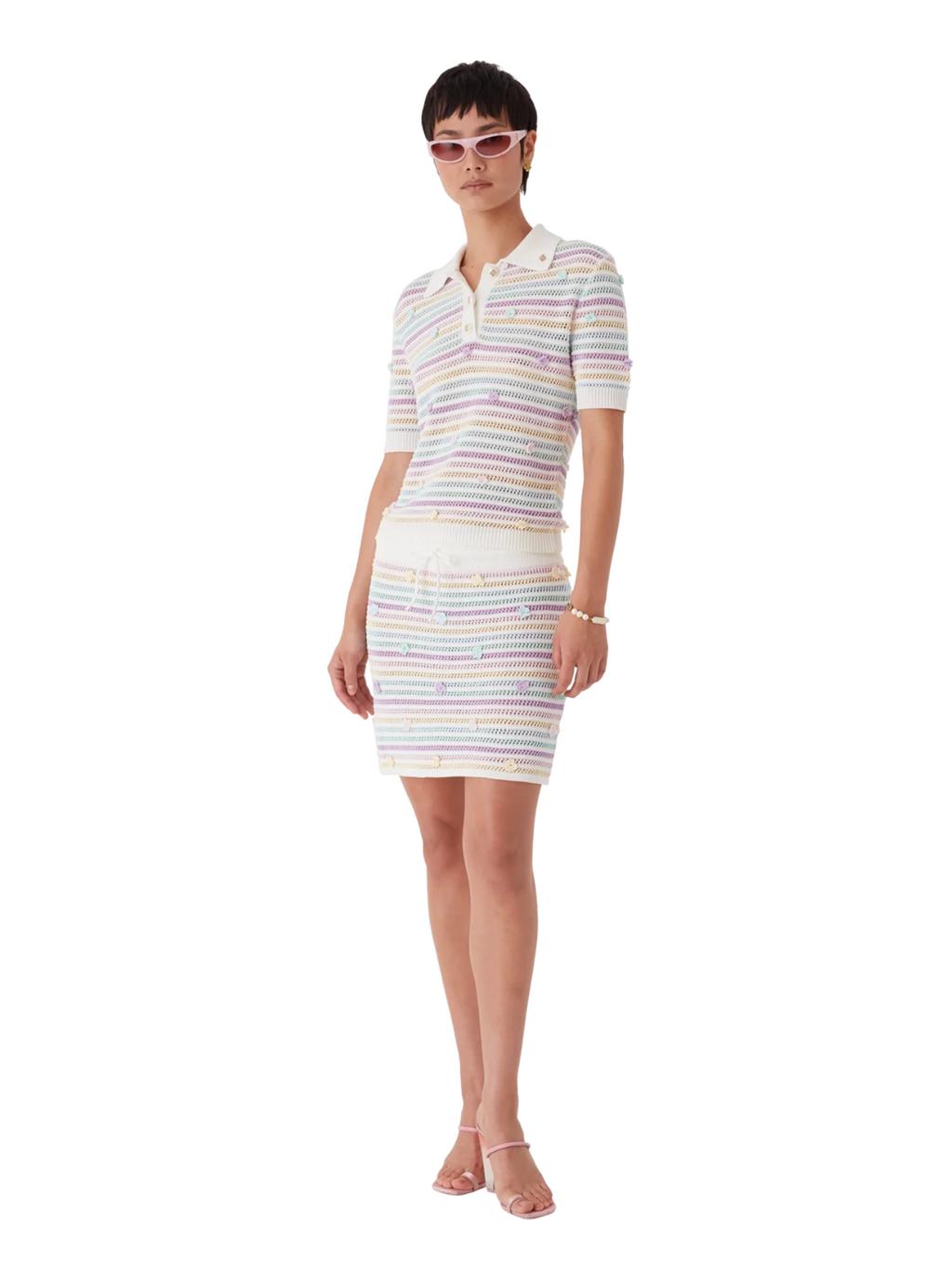 CASABLANCA WOMEN Flower Stripe Cotton Crochet Polo White/Multicolour