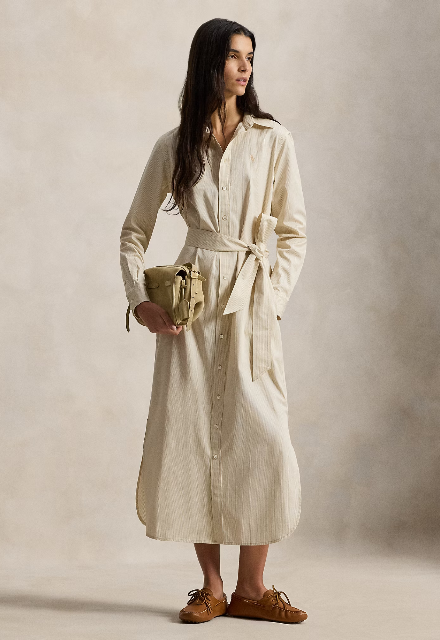 RALPH LAUREN WOMENS Belted Striped Cotton Shirtdress Polo Tan White
