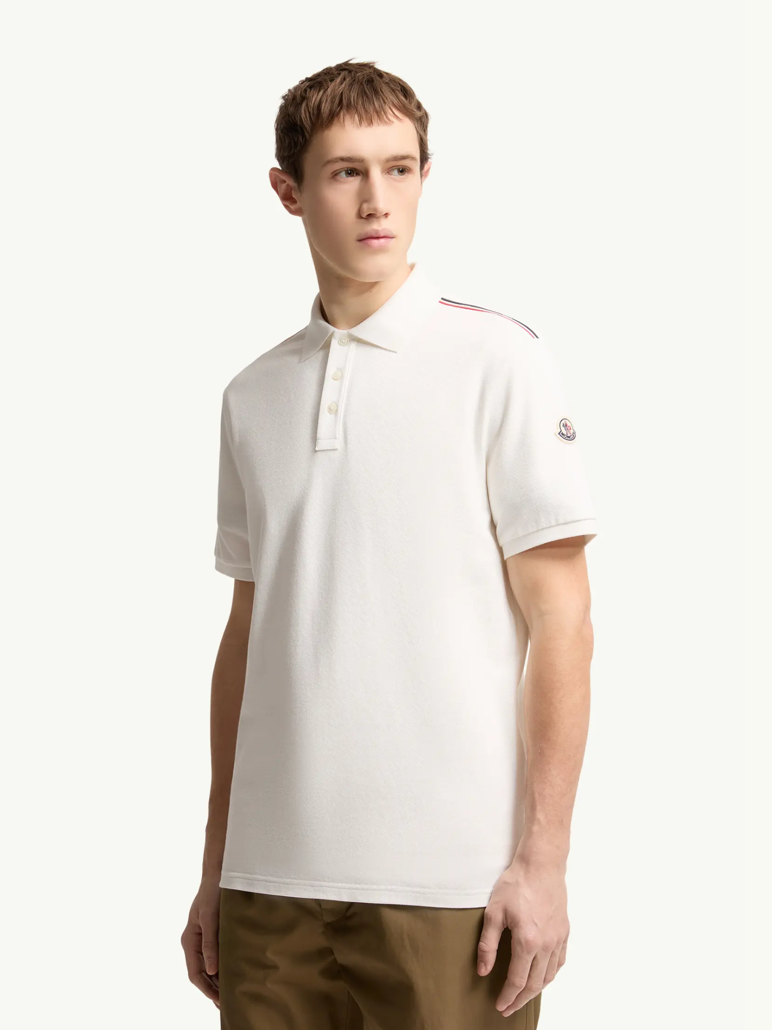 MONCLER Tricolour Trim Cotton Polo Shirt White