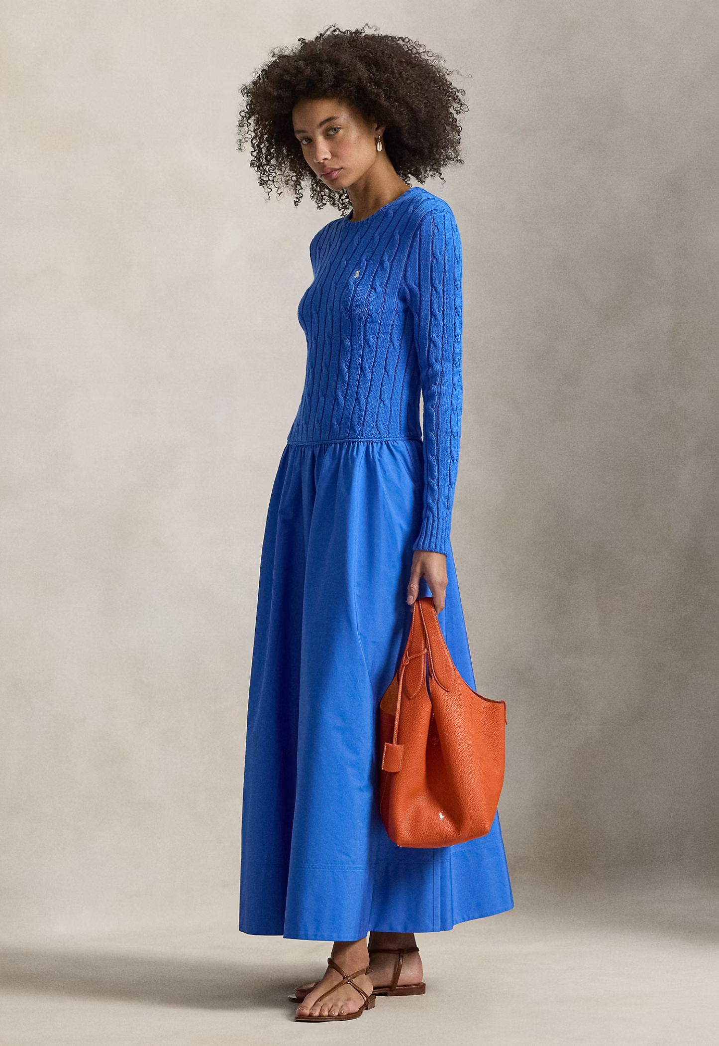 RALPH LAUREN WOMENS Cable-Knit Bodice Cotton Dress Colby Blue