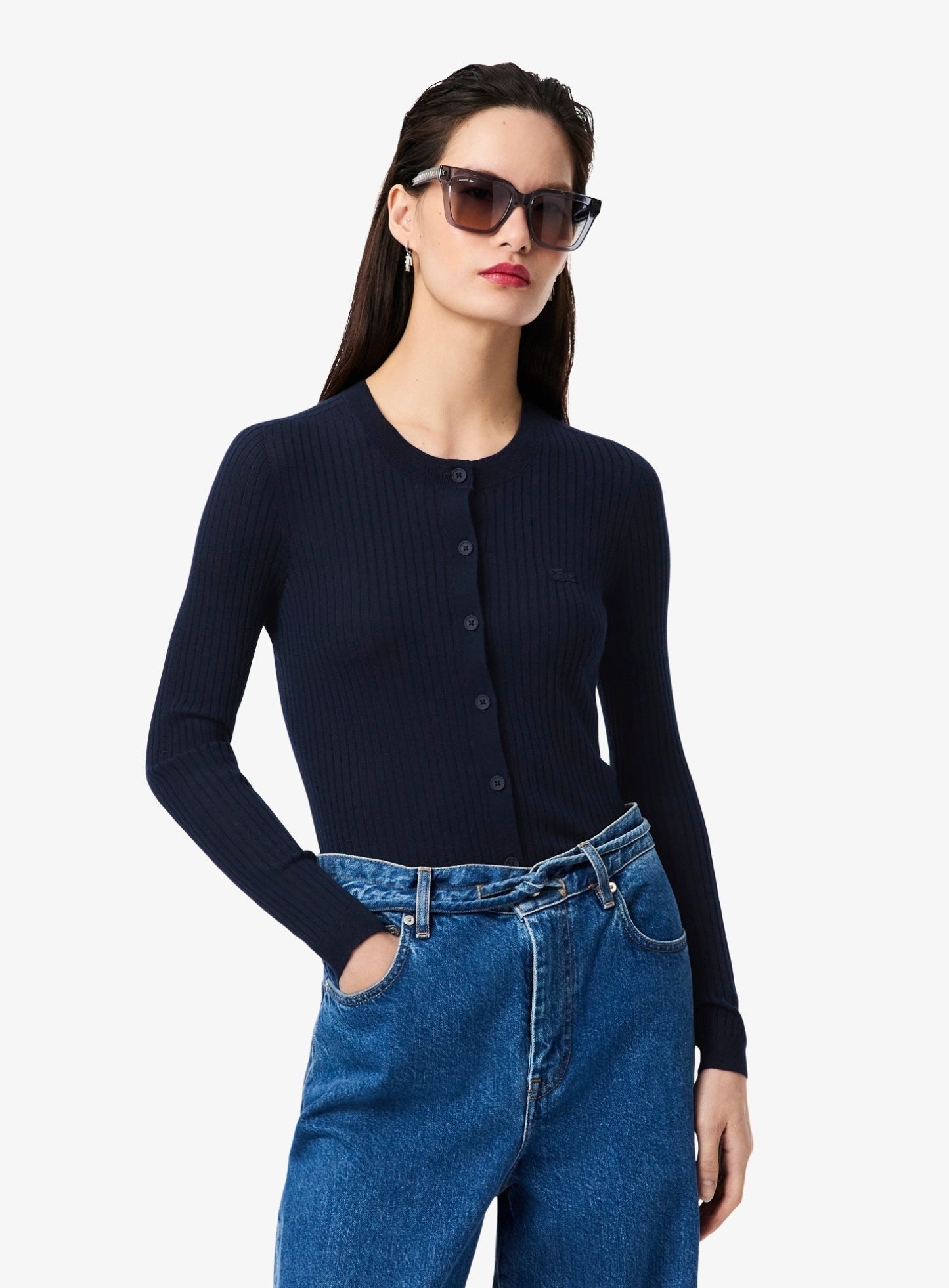 LACOSTE WOMEN Rib Knit Merino Wool Cardigan Midnight Blue