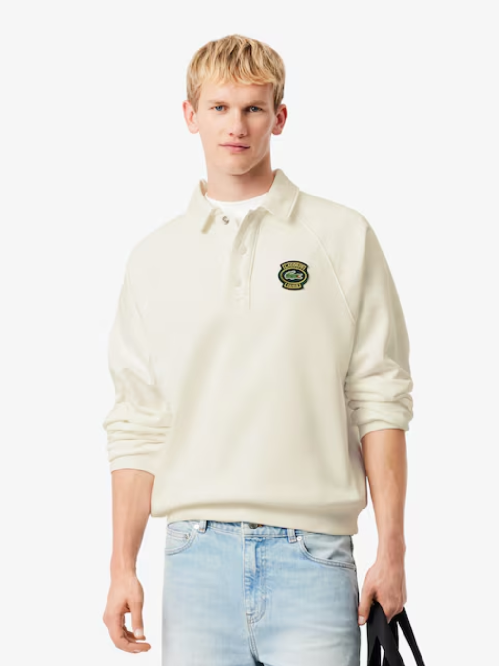 LACOSTE Loose Fit Polo Collar Fleece Sweatshirt White