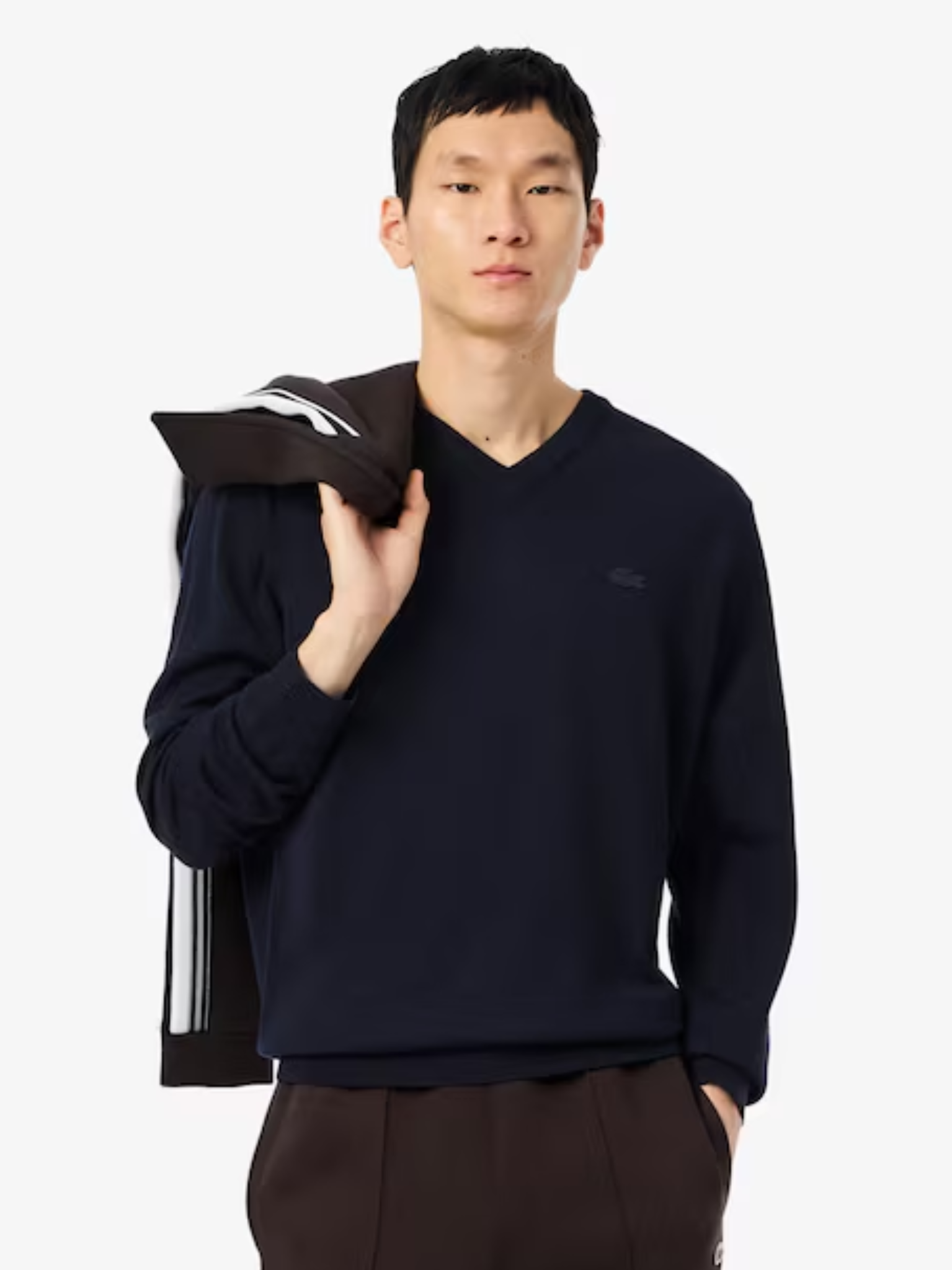 LACOSTE Merino Wool Monochrome V Neck Sweater Midnight Blue