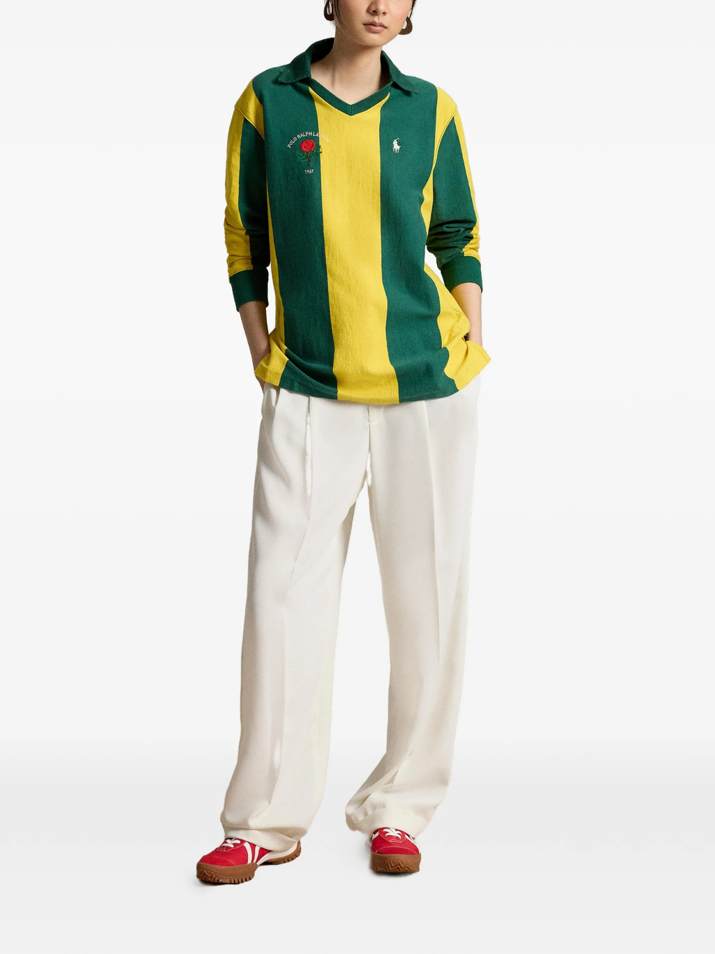 RALPH LAUREN WOMEN Oversize Embroidered Cotton Rugby Shirt Kelly Green/Canary Yellow