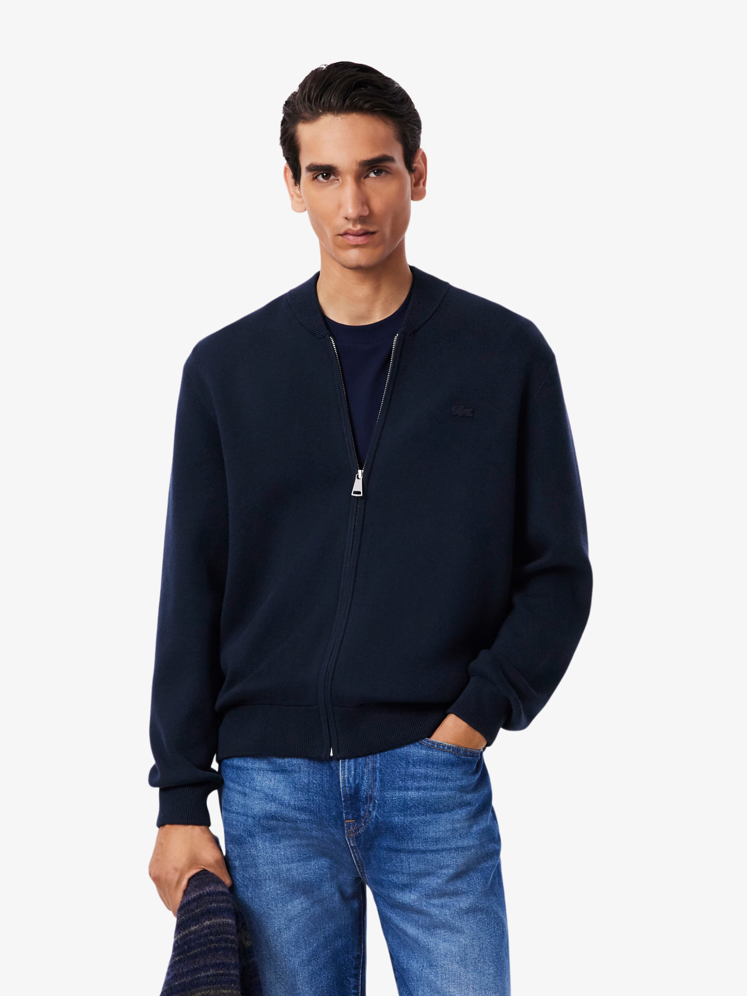 LACOSTE Cotton and Wool Knit Bomber Jacket Midnight Blue