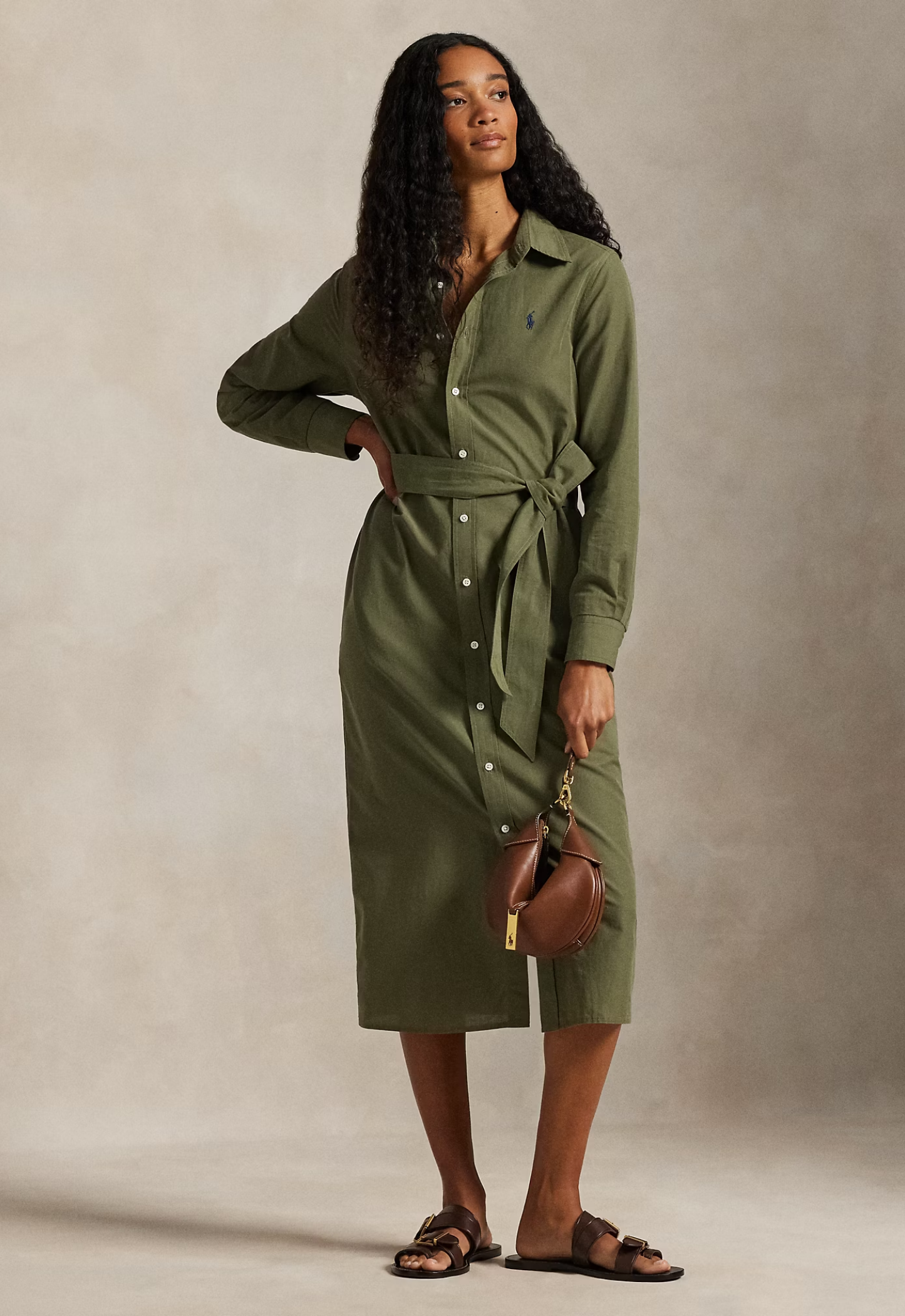RALPH LAUREN WOMENS Cotton-Linen Belted Shirt Dress Supply Olive