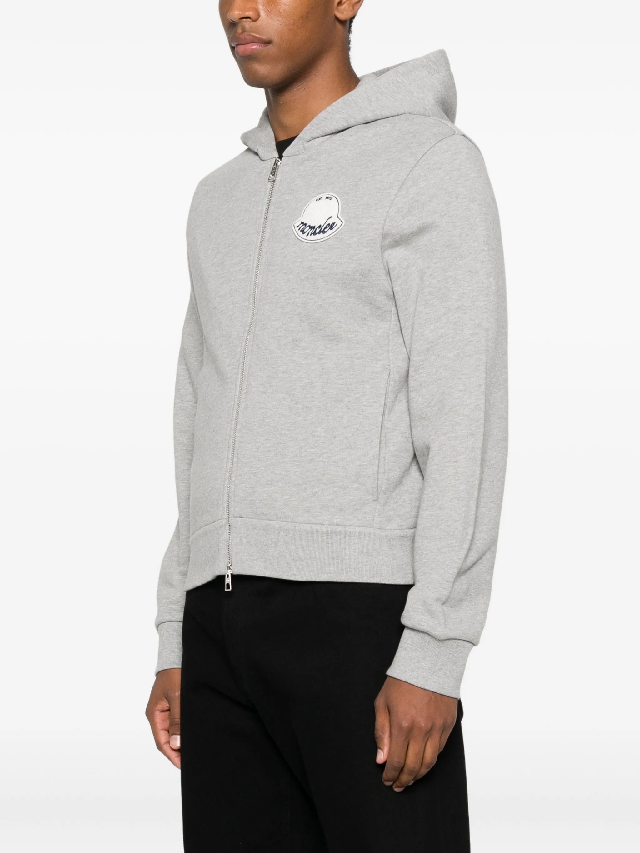 MONCLER Textured Logo Patch Zip-Up Hoodie Grey