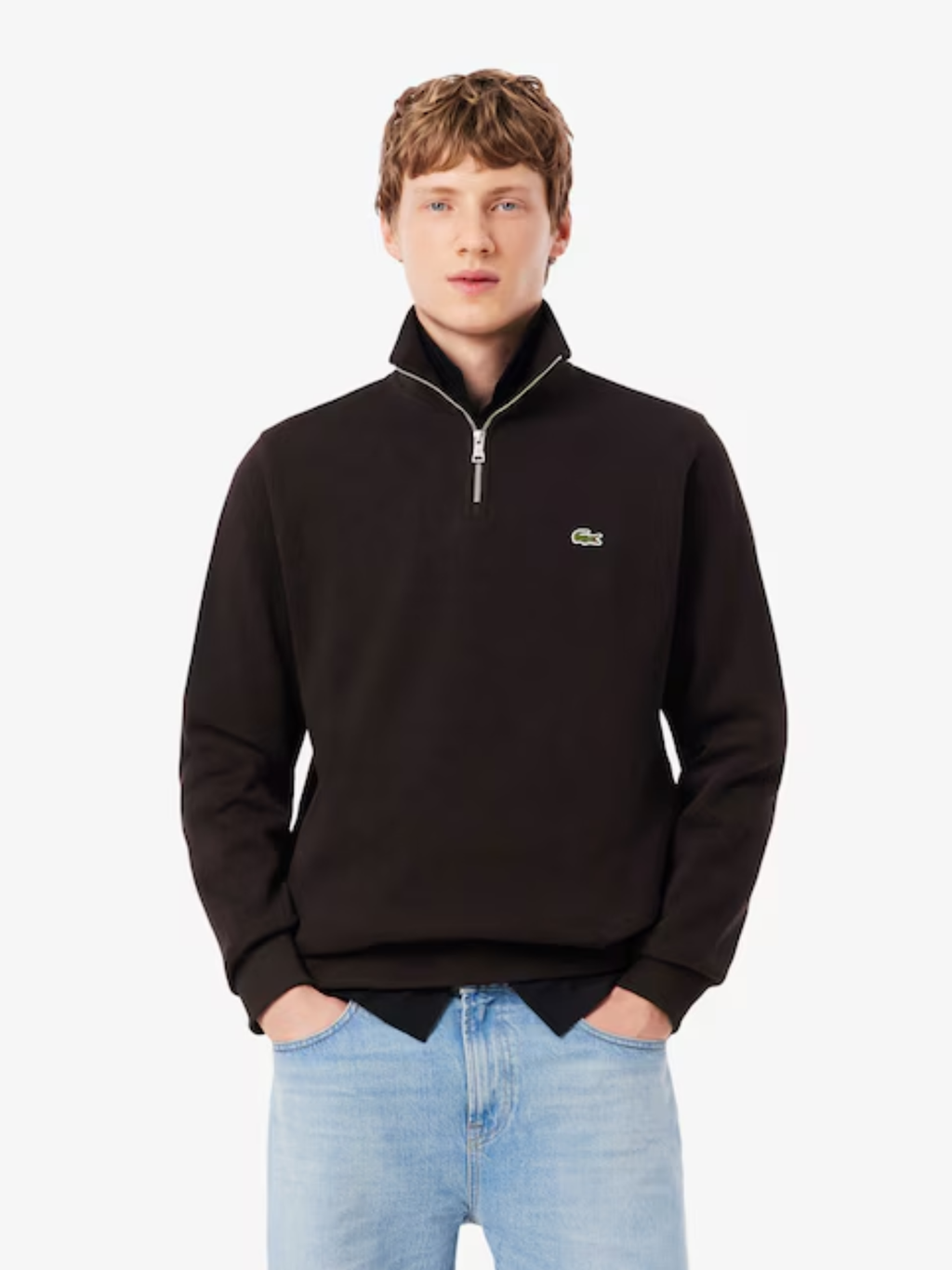LACOSTE Zip-Up High Neck Interlock Sweatshirt Brown